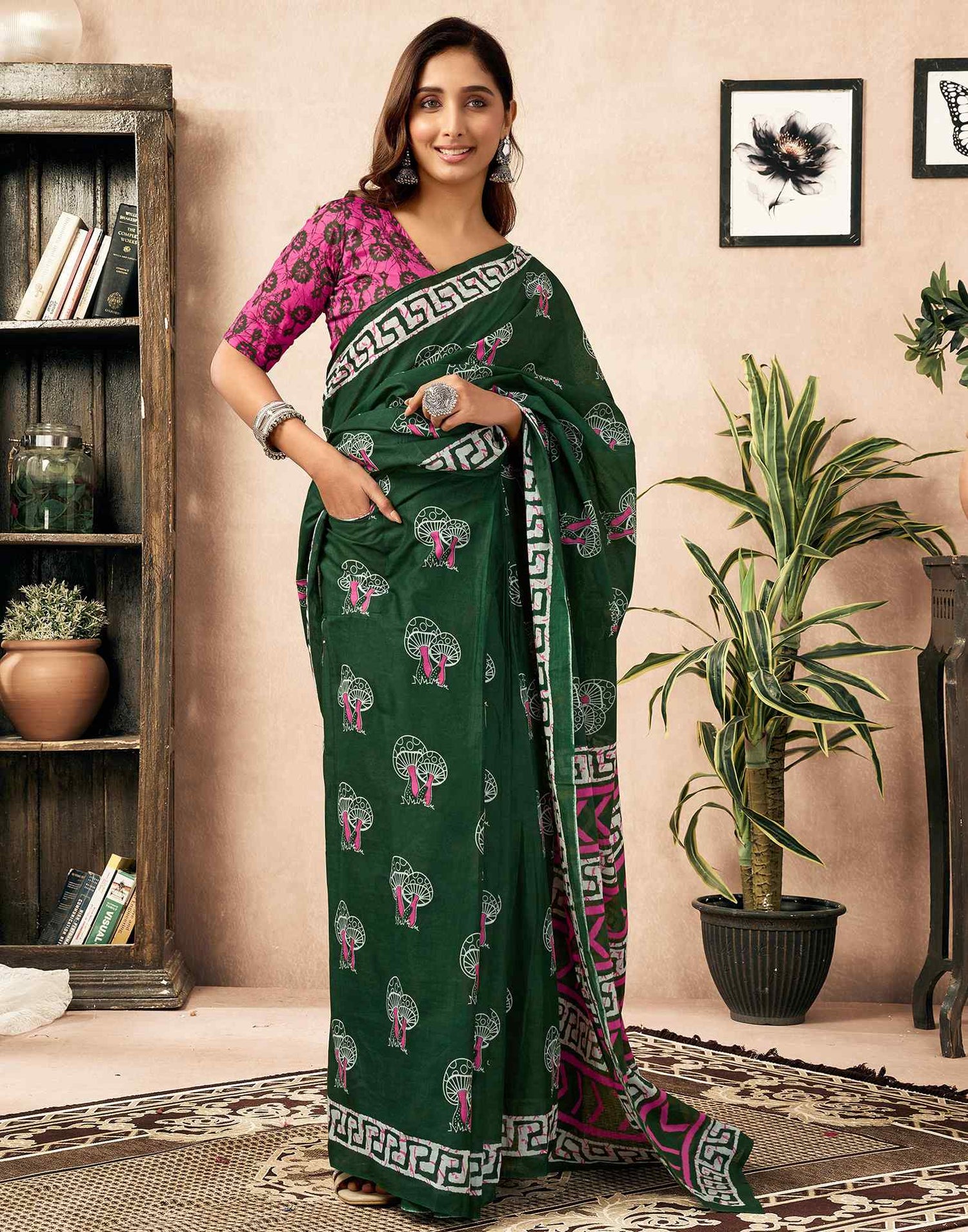 Ready To Wear Green Cotton Printed Saree With Pocket