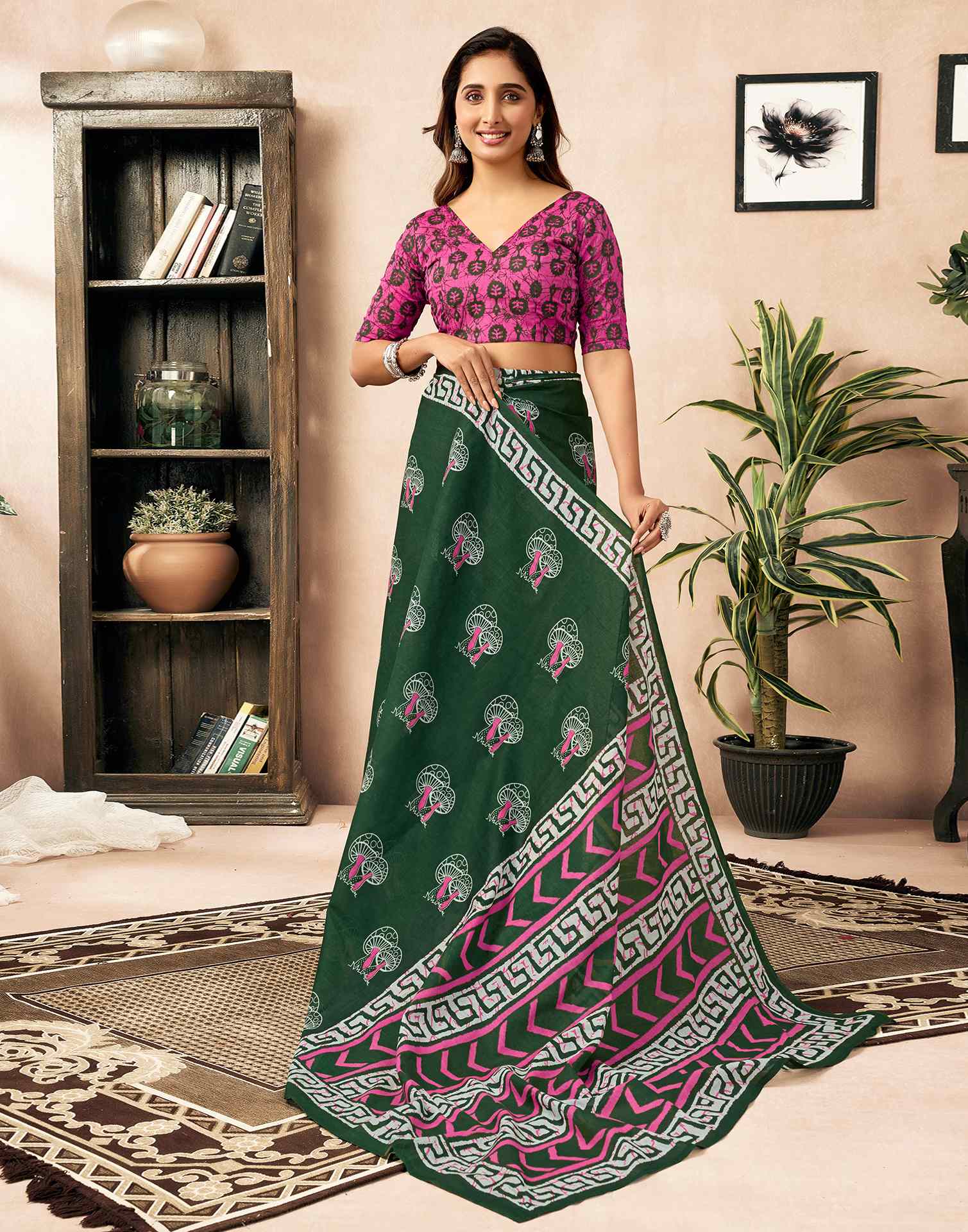 Ready To Wear Green Cotton Printed Saree With Pocket