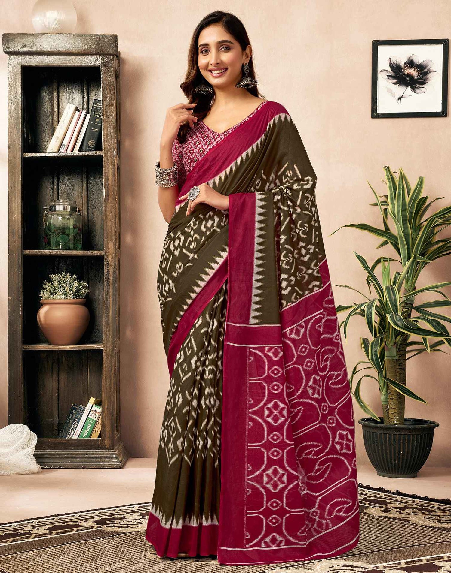 Ready To Wear Brown Cotton Printed Saree With Pocket