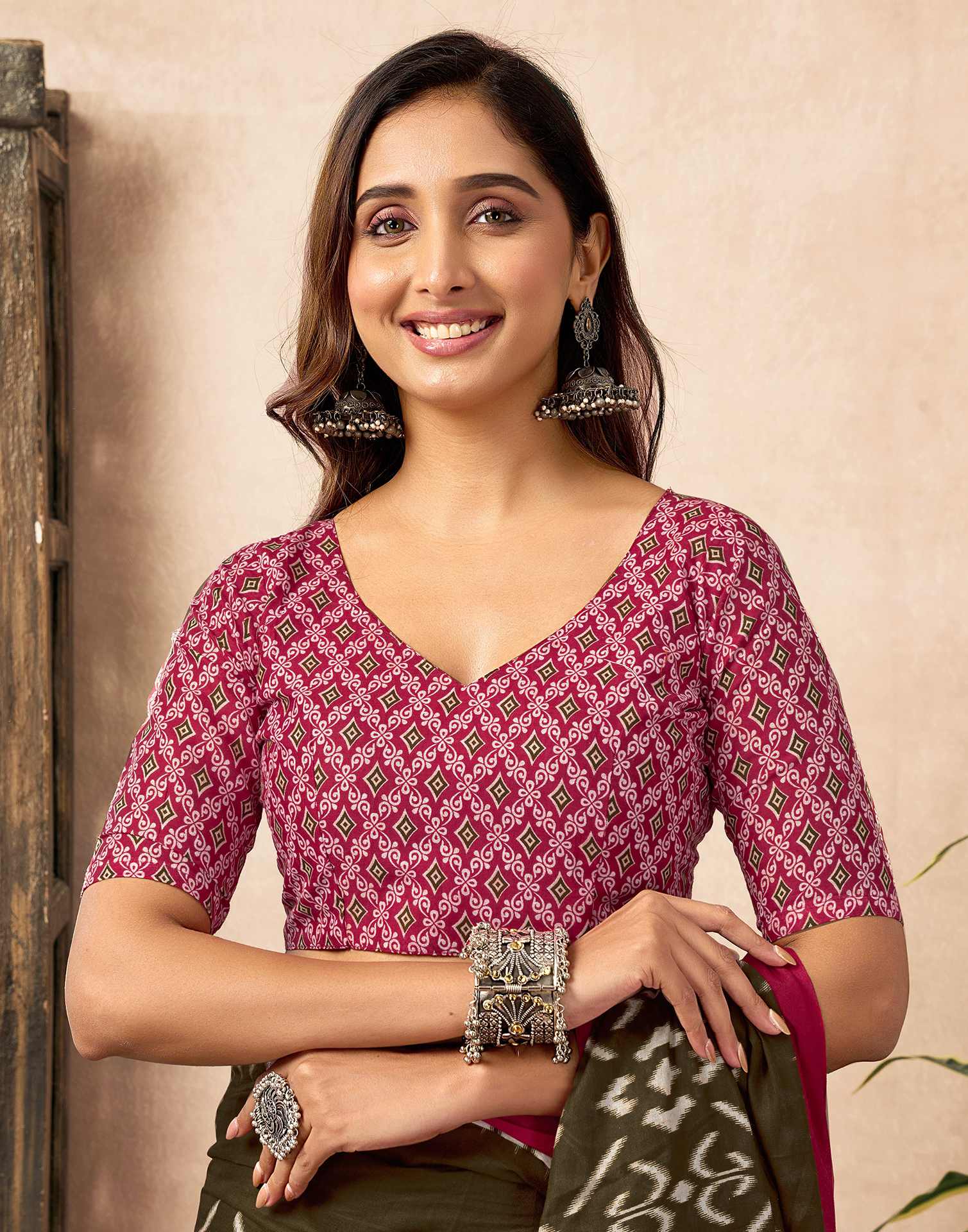Ready To Wear Brown Cotton Printed Saree With Pocket