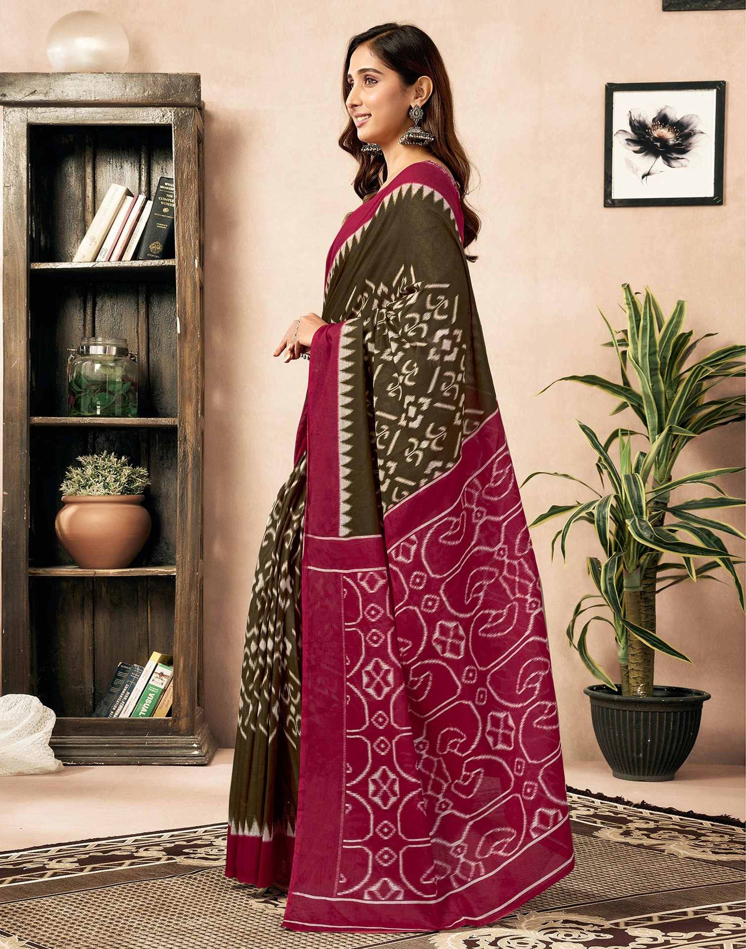 Ready To Wear Brown Cotton Printed Saree With Pocket