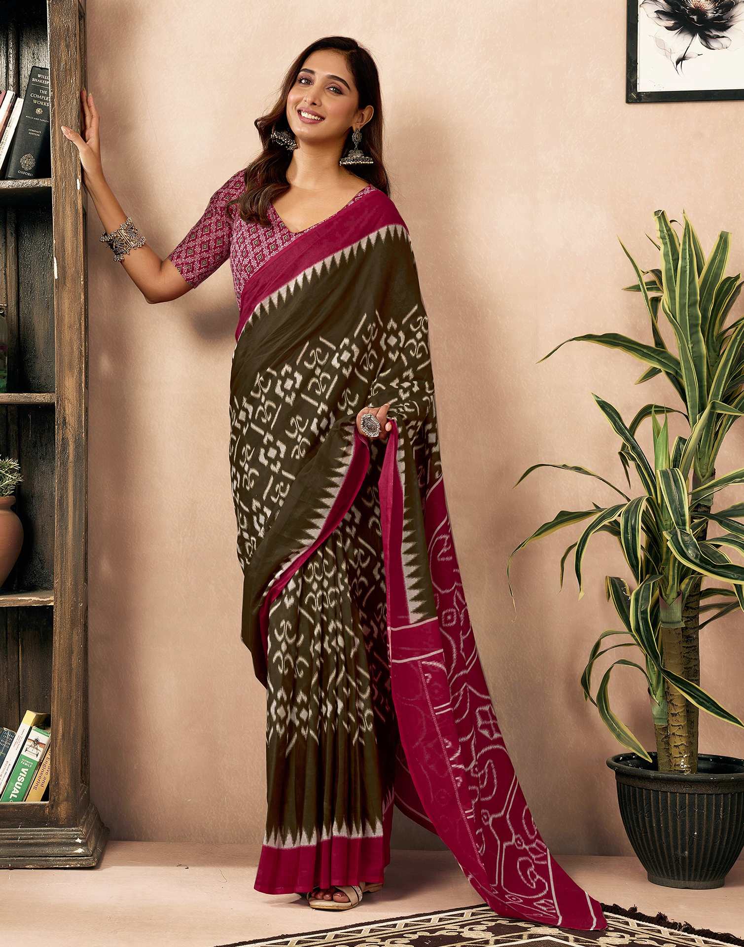 Ready To Wear Brown Cotton Printed Saree With Pocket