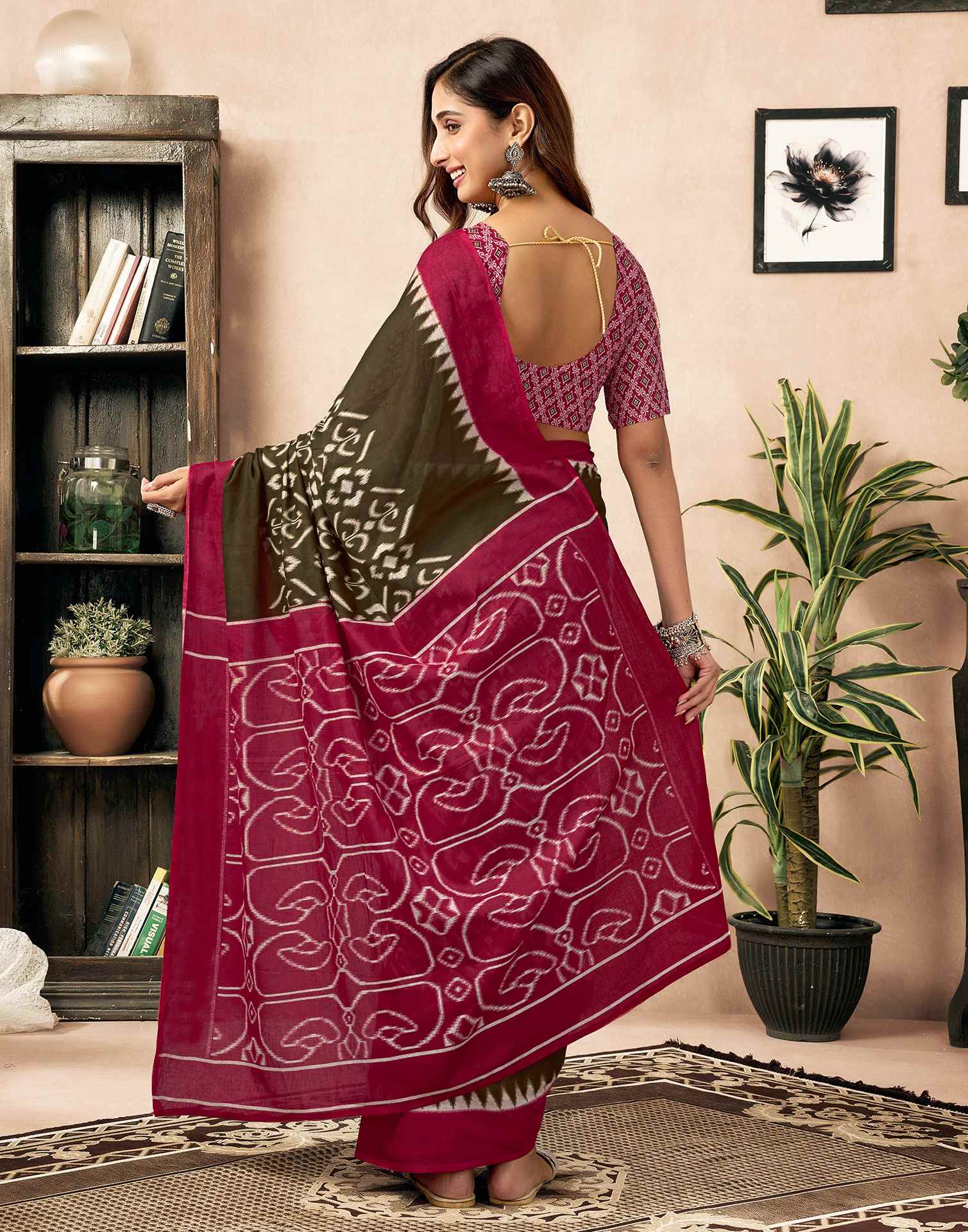 Ready To Wear Brown Cotton Printed Saree With Pocket