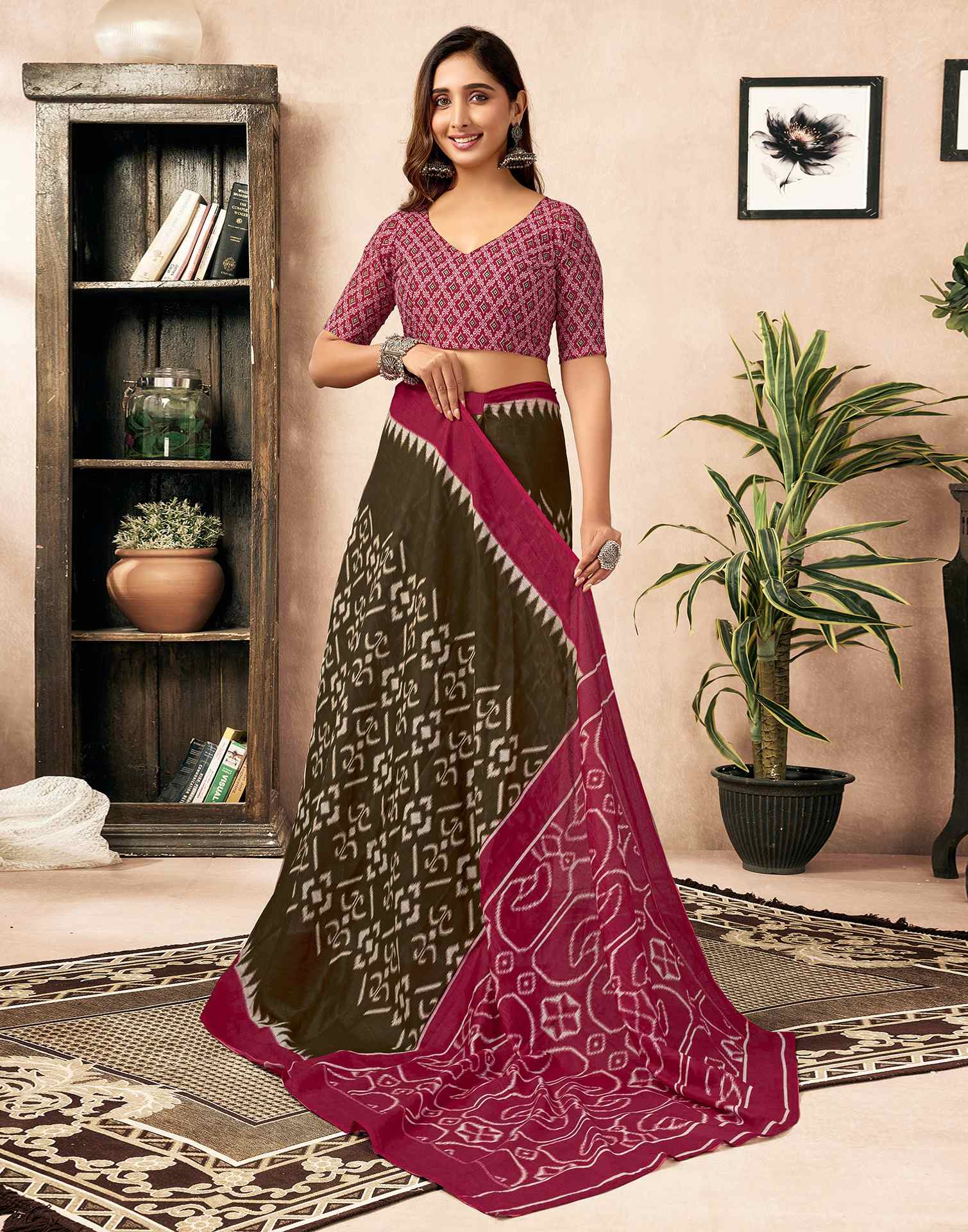 Ready To Wear Brown Cotton Printed Saree With Pocket