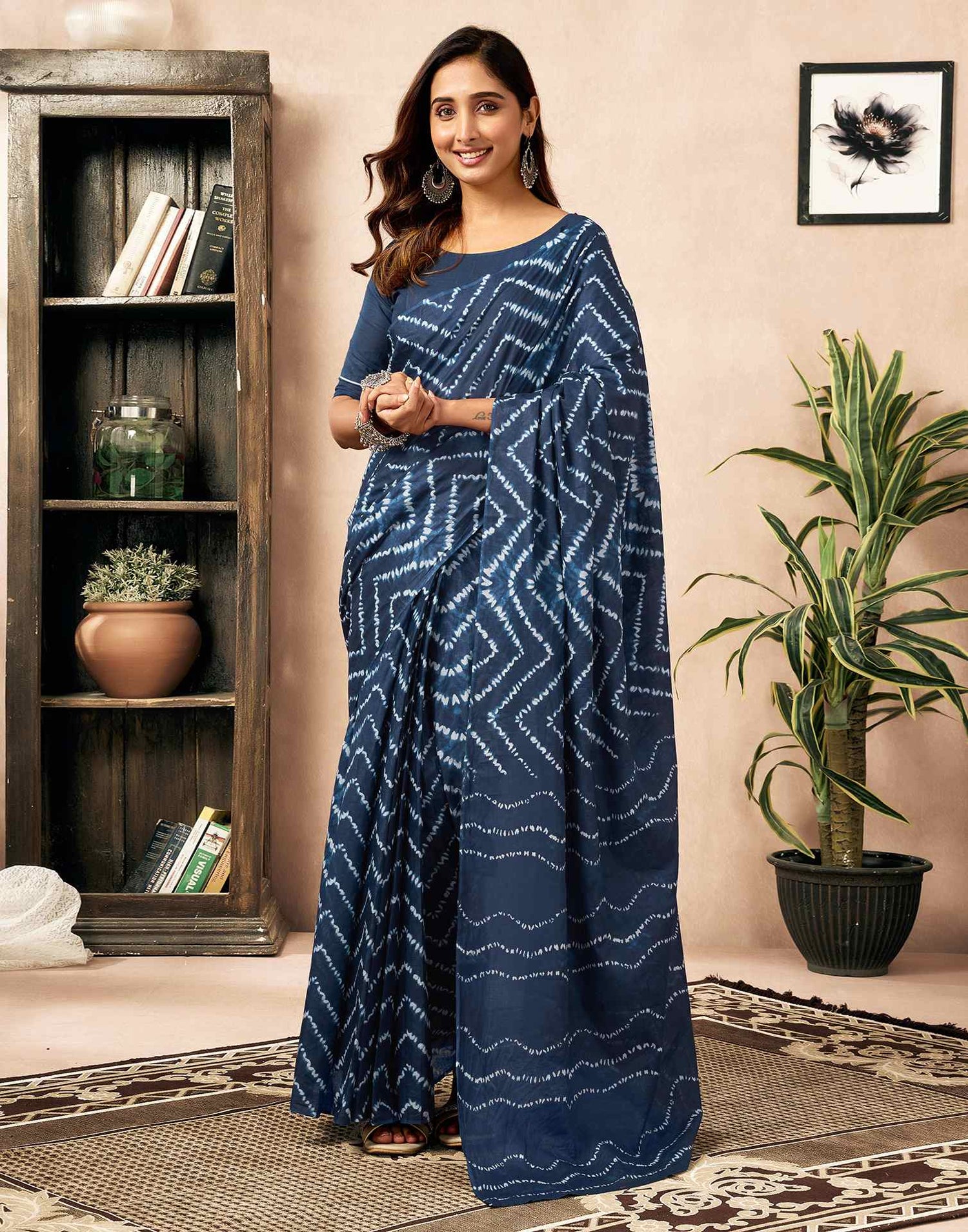 Ready To Wear Blue Cotton Printed Saree With Pocket