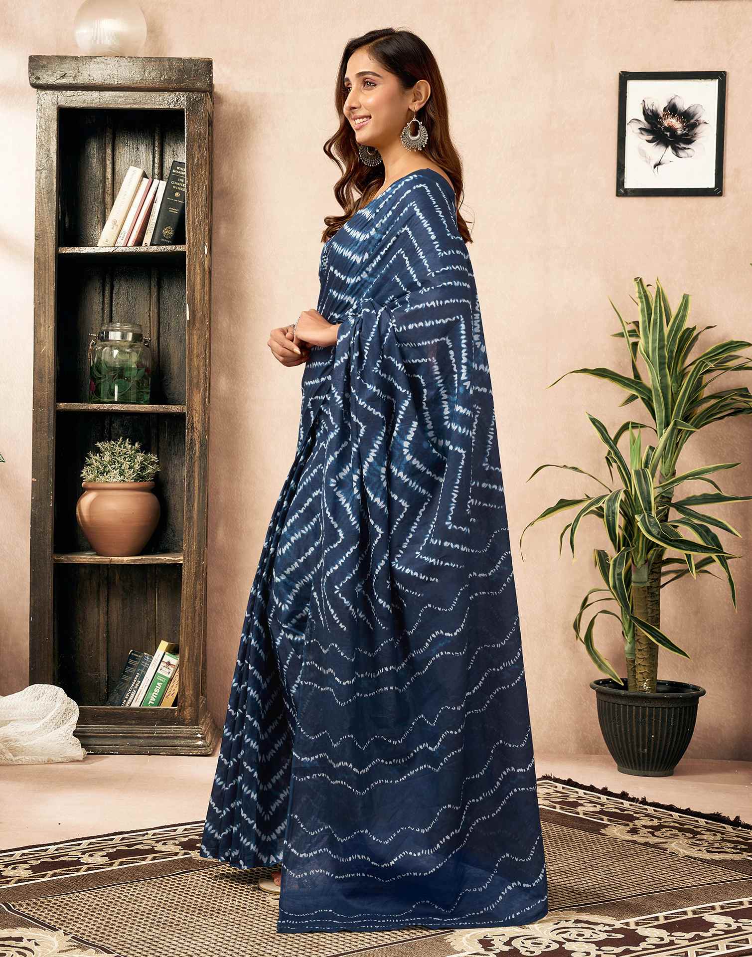 Ready To Wear Blue Cotton Printed Saree With Pocket