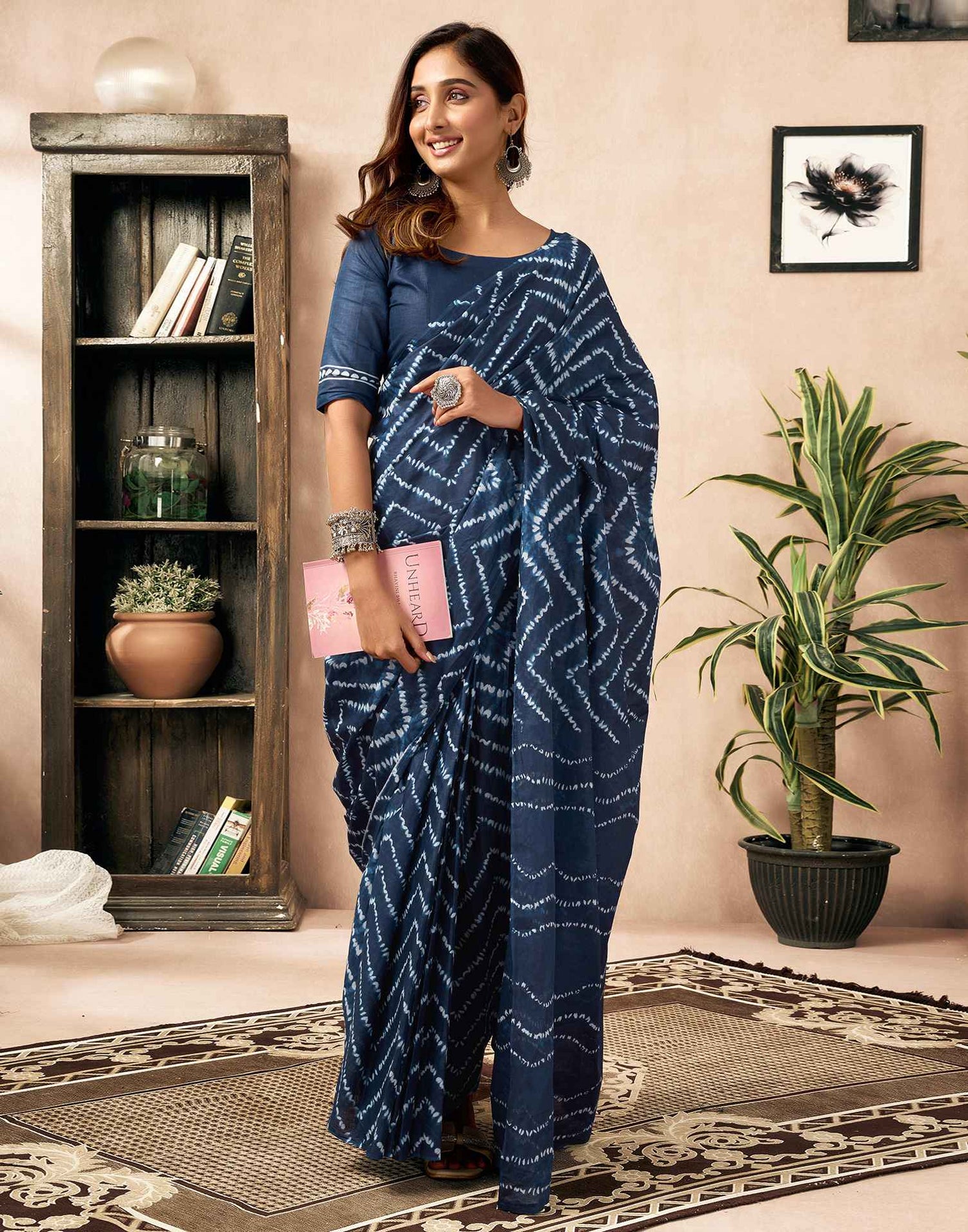 Ready To Wear Blue Cotton Printed Saree With Pocket