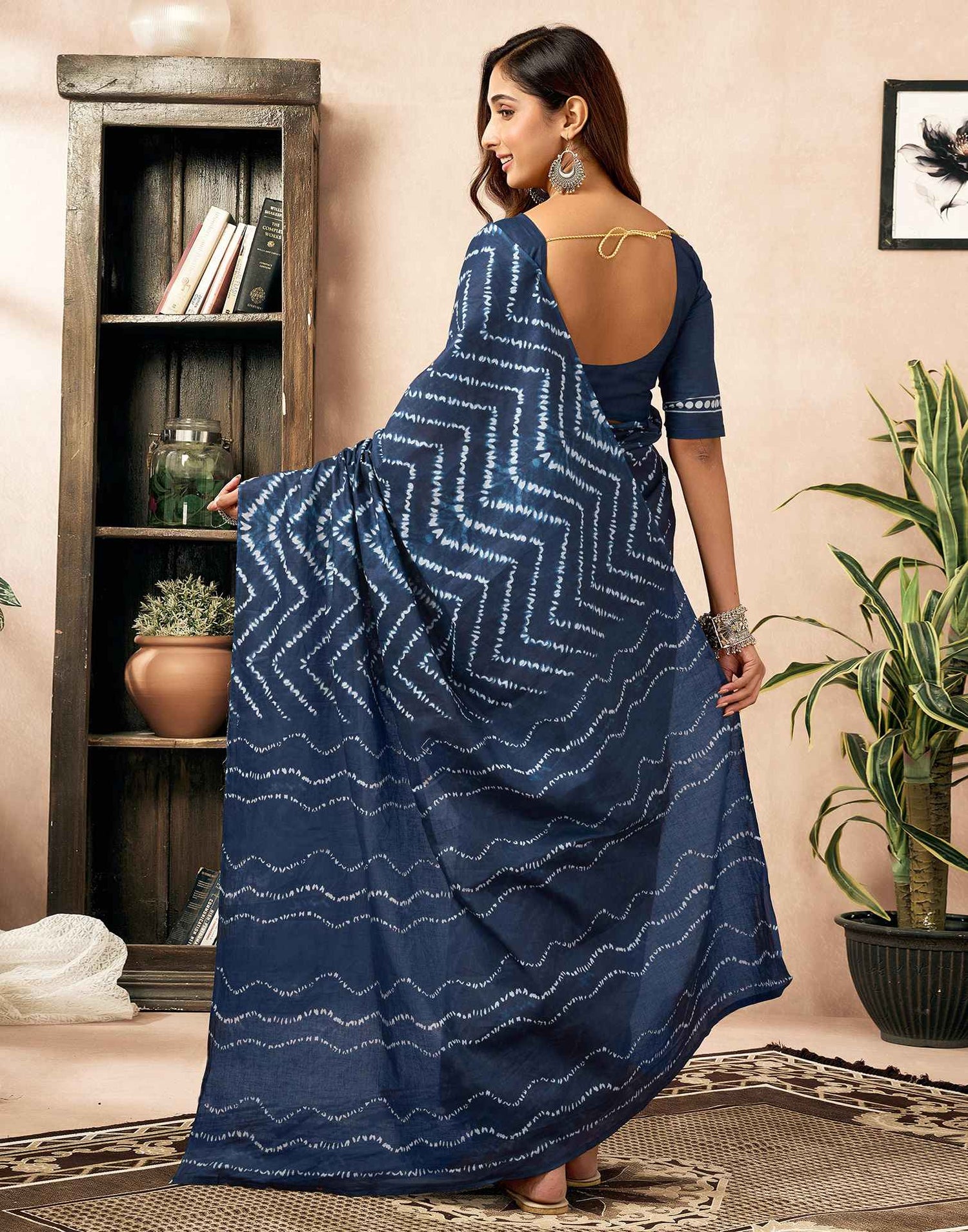 Ready To Wear Blue Cotton Printed Saree With Pocket