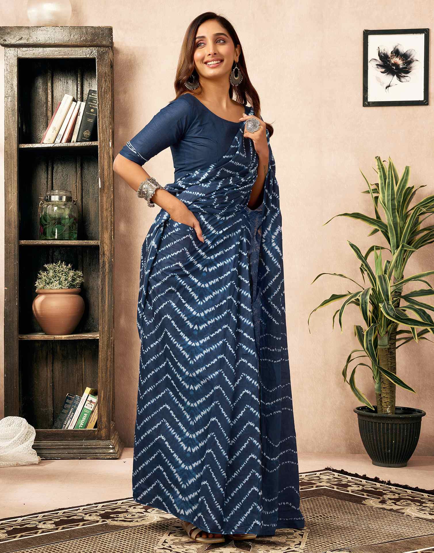Ready To Wear Blue Cotton Printed Saree With Pocket