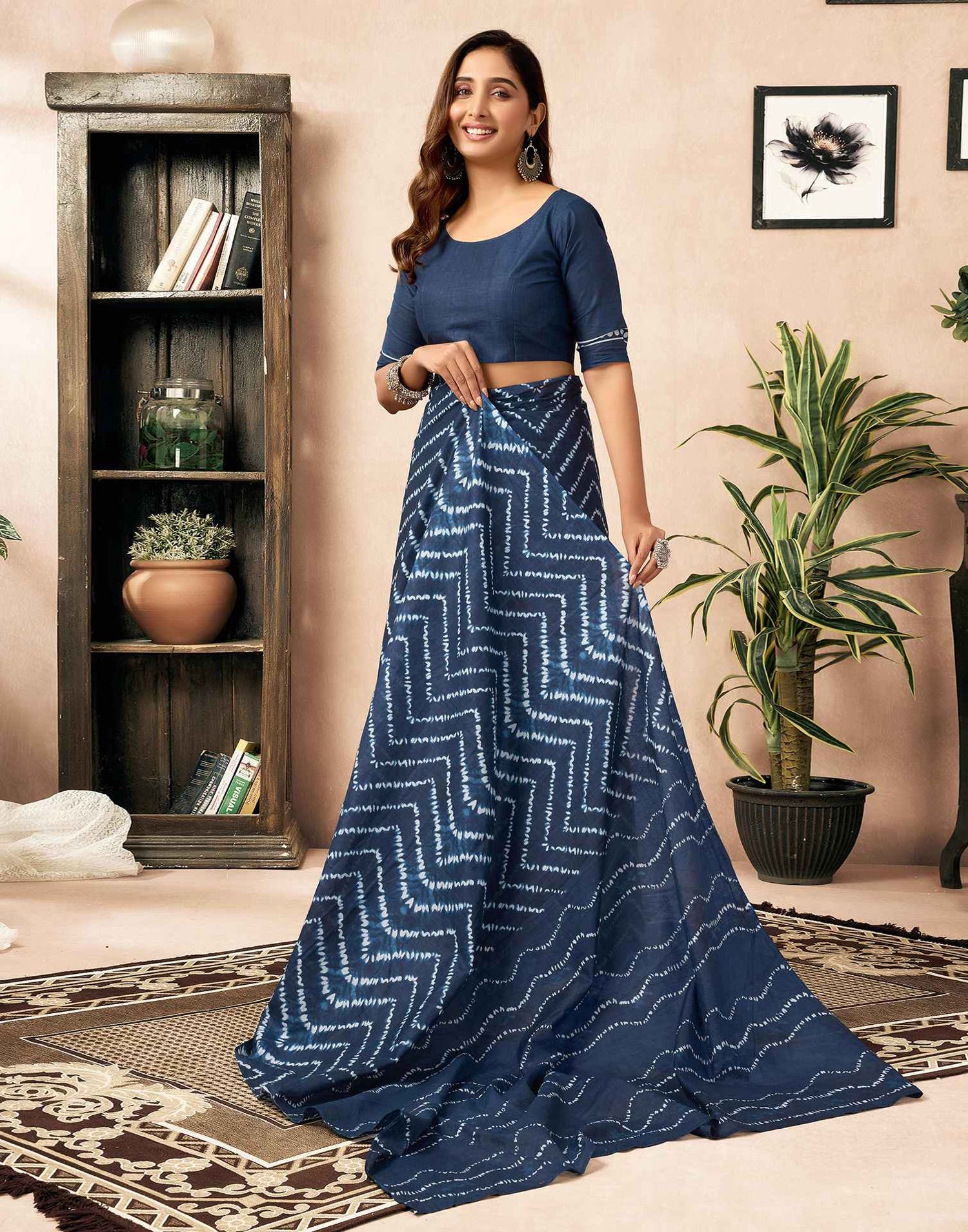 Ready To Wear Blue Cotton Printed Saree With Pocket