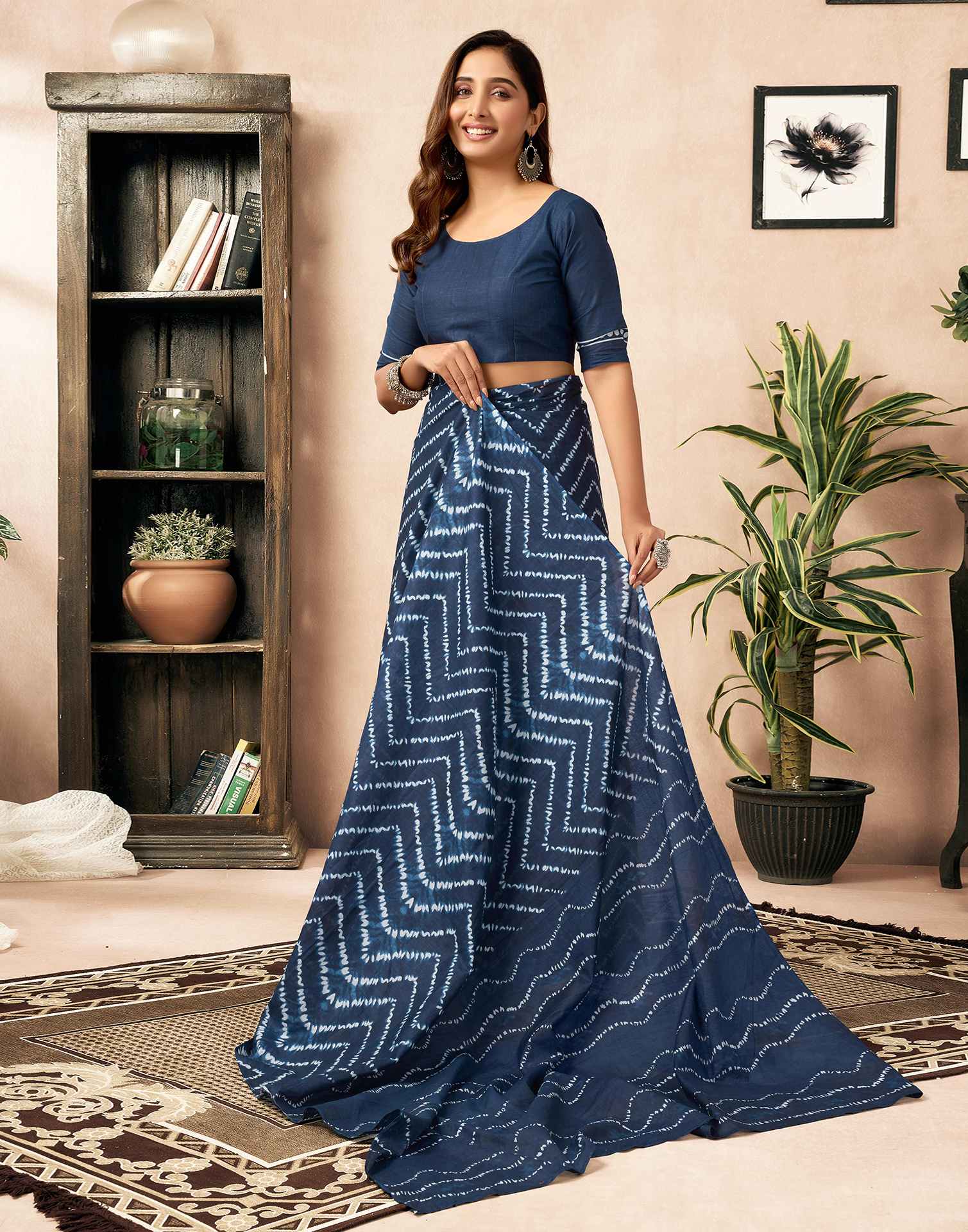 Ready To Wear Blue Cotton Printed Saree With Pocket