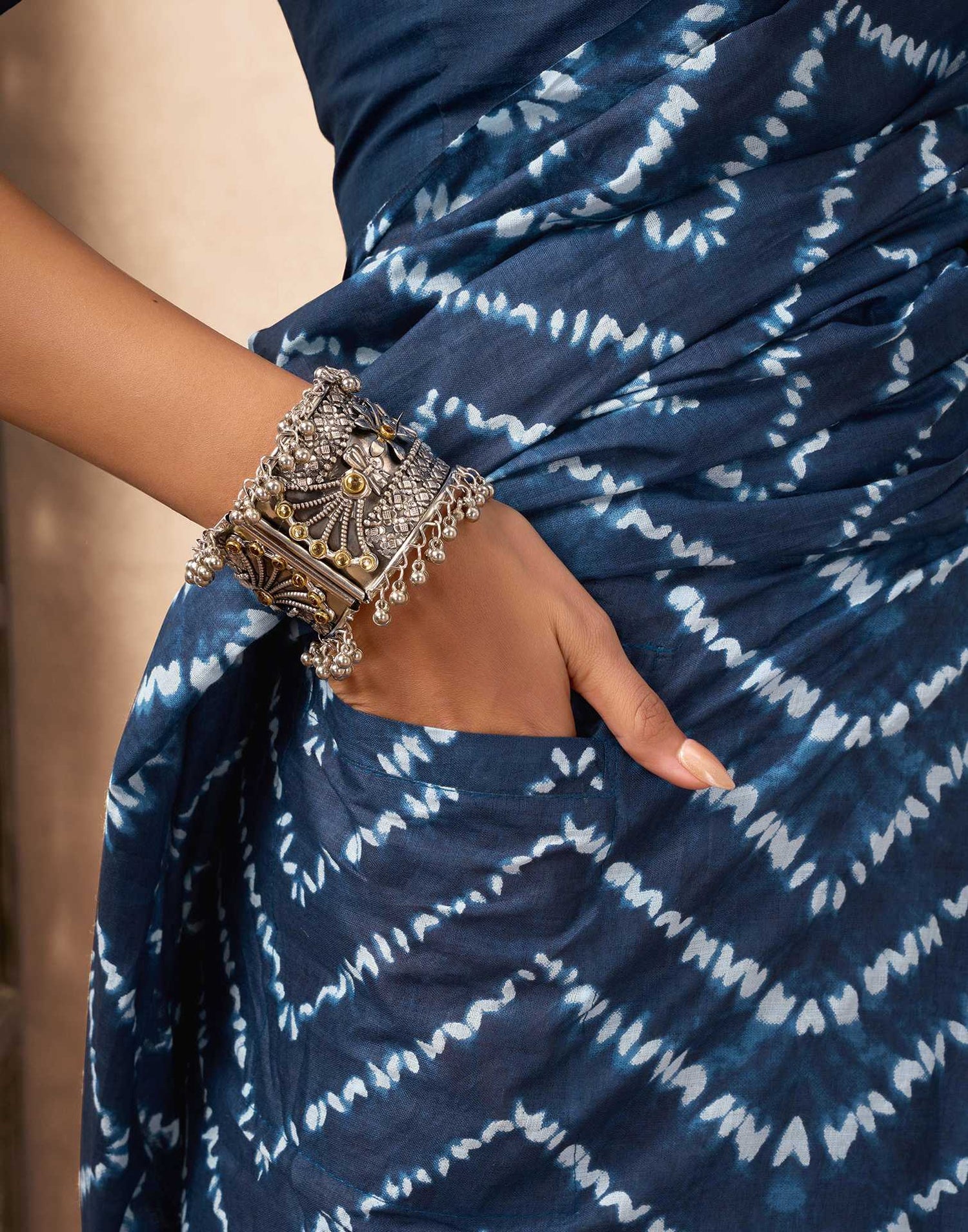 Ready To Wear Blue Cotton Printed Saree With Pocket