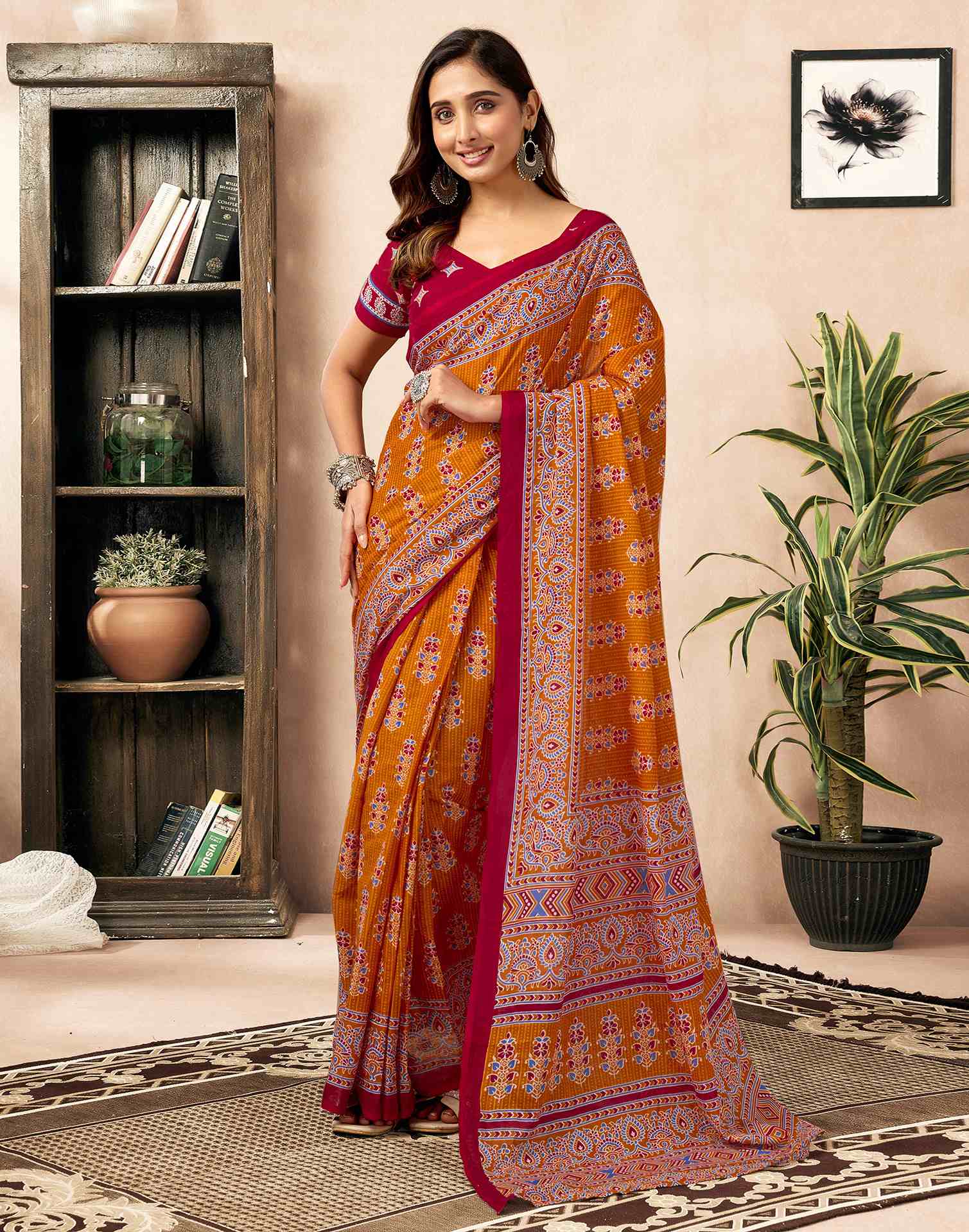 Ready To Wear Orange Cotton Printed Saree