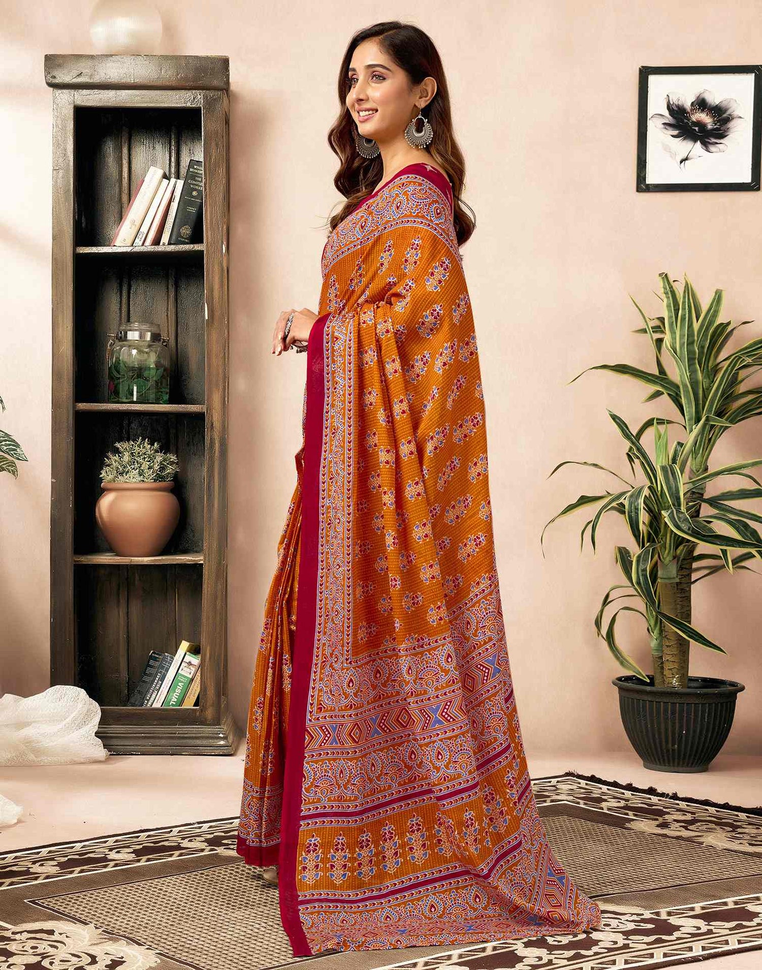 Ready To Wear Orange Cotton Printed Saree