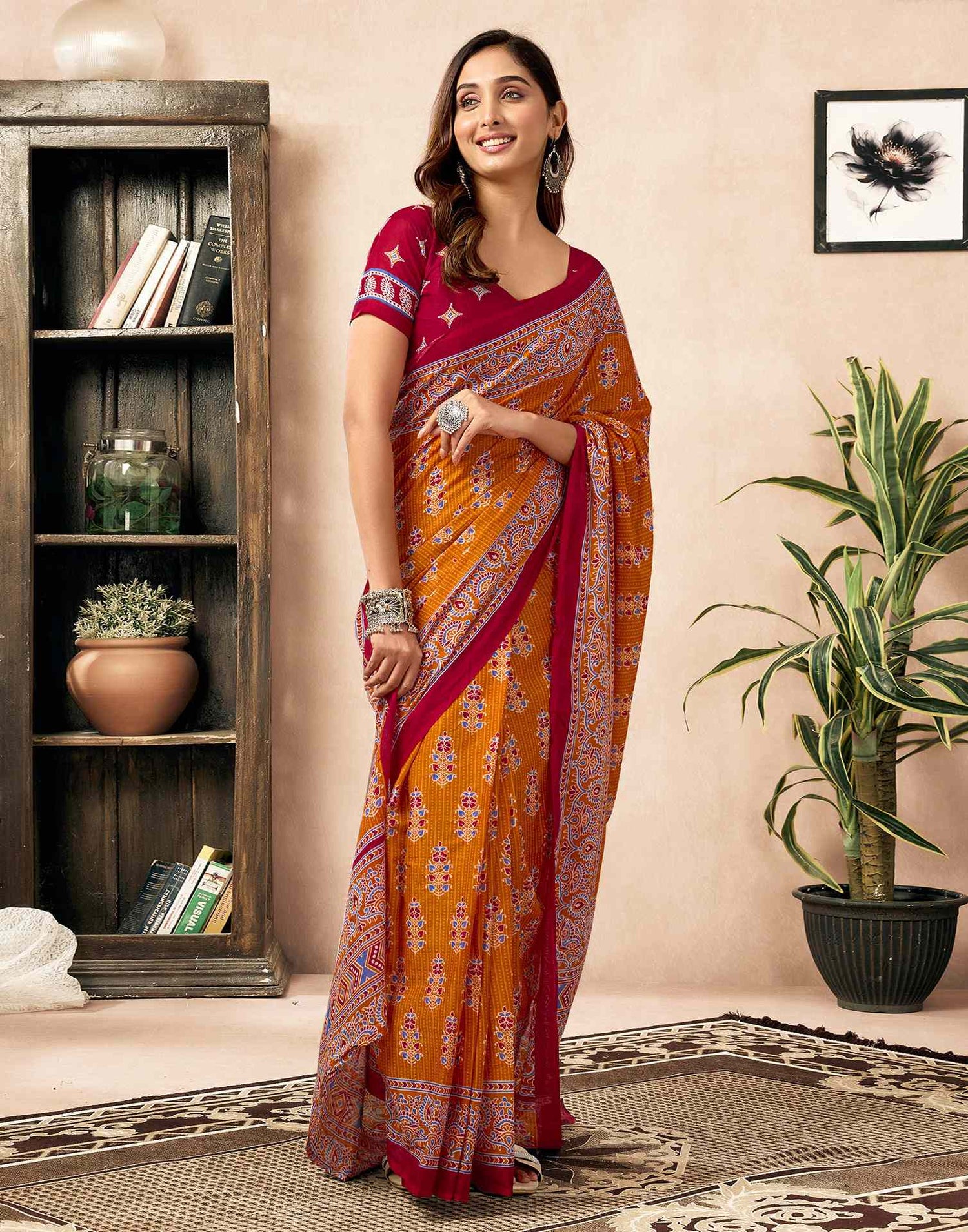 Ready To Wear Orange Cotton Printed Saree