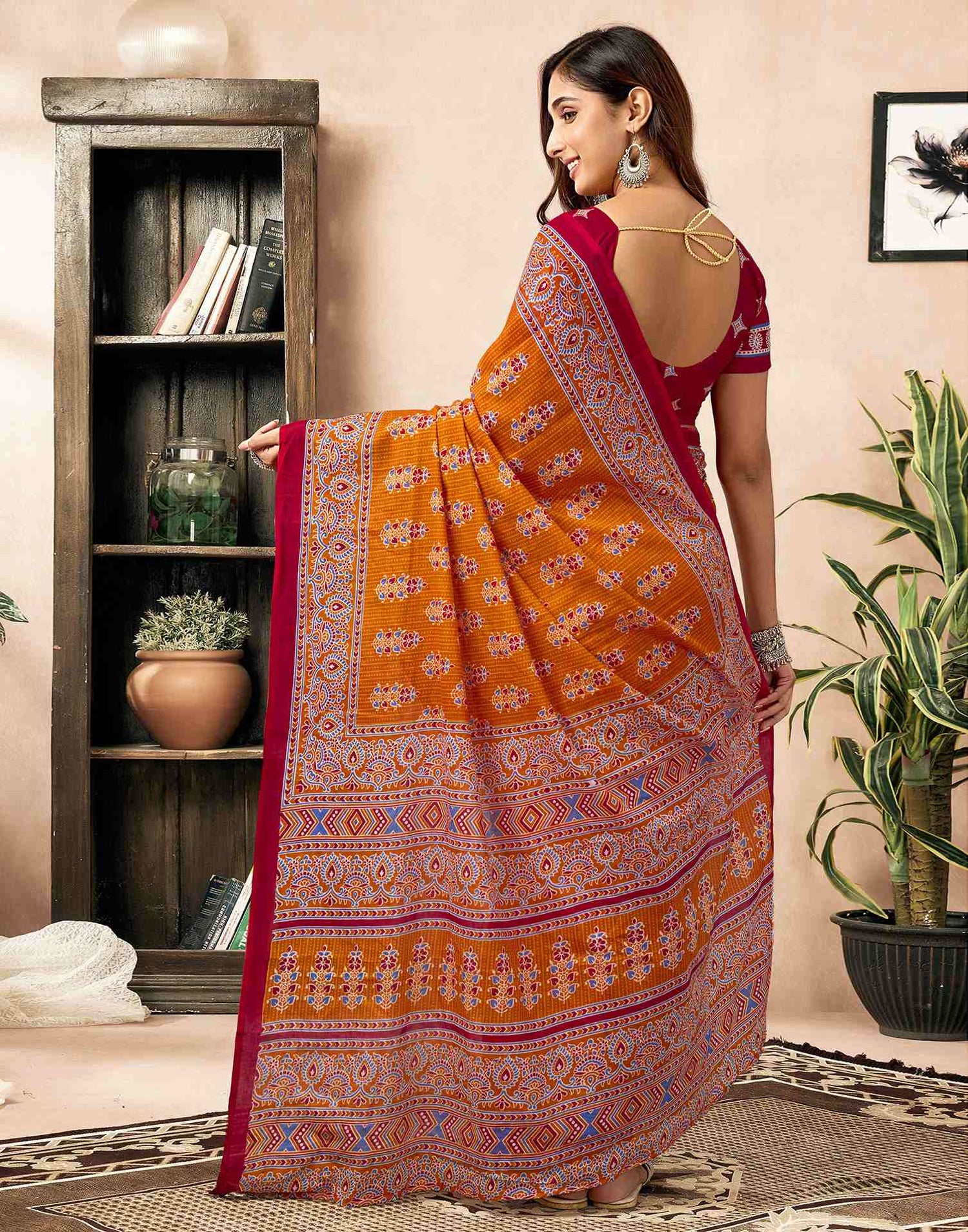 Ready To Wear Orange Cotton Printed Saree