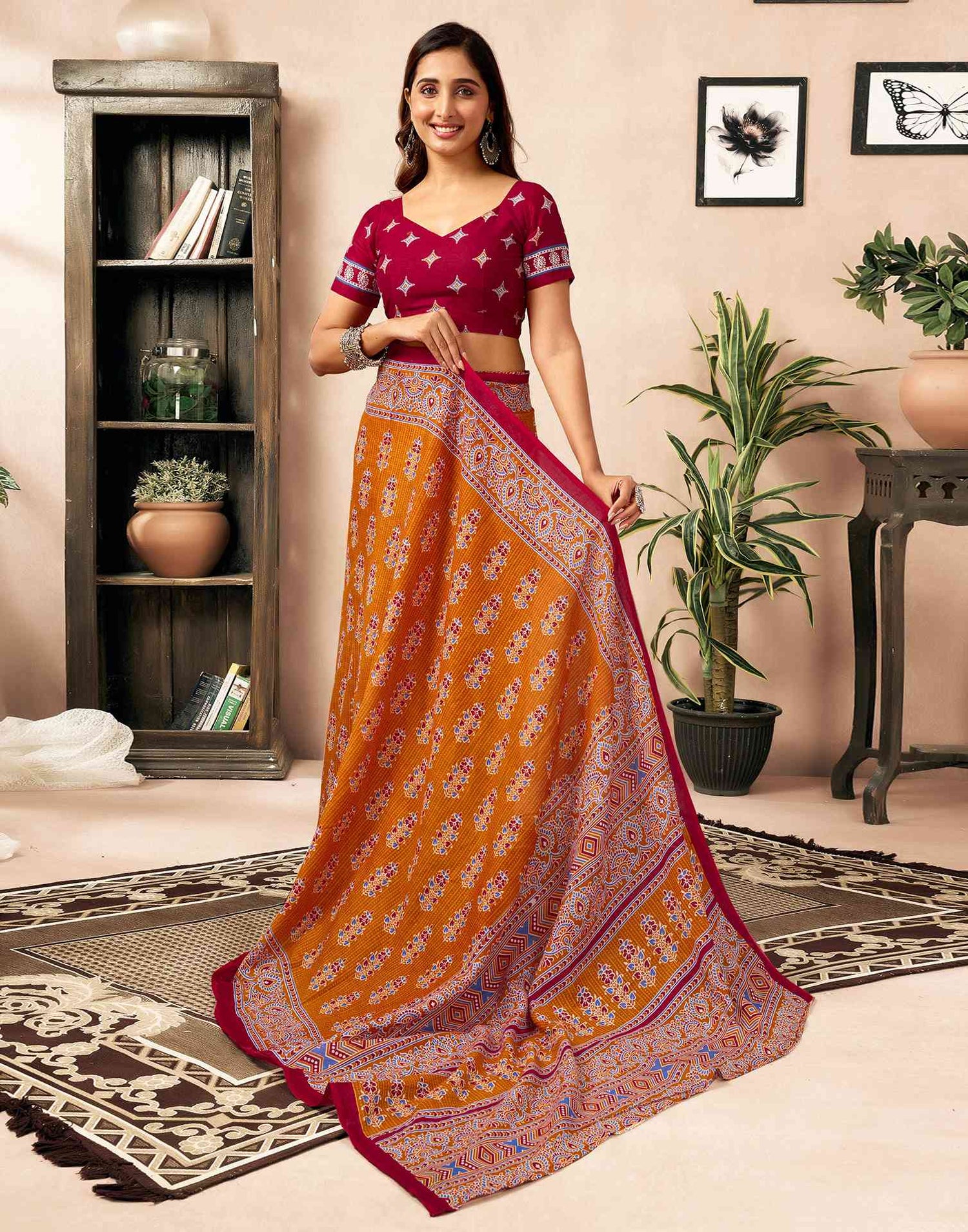 Ready To Wear Orange Cotton Printed Saree