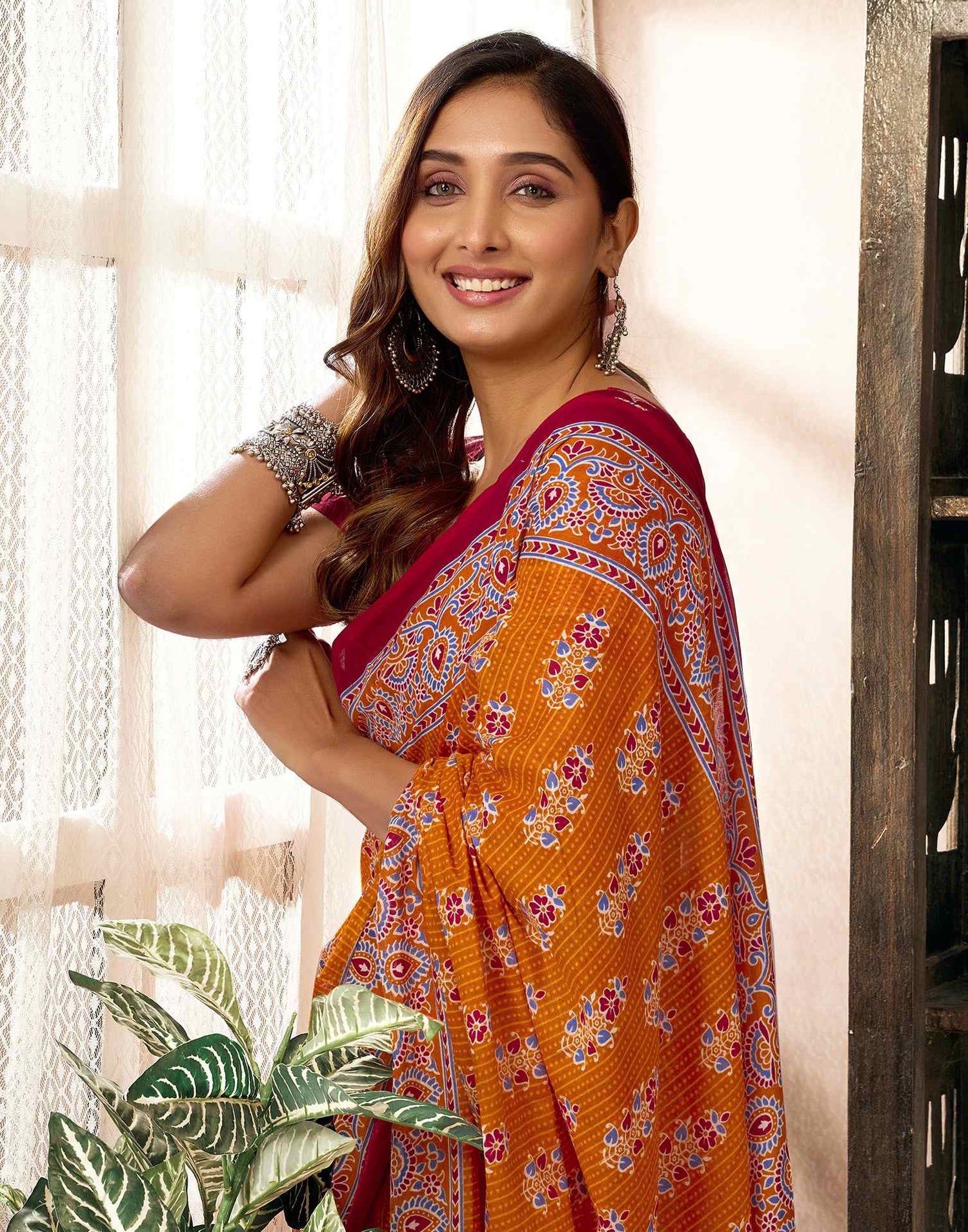 Ready To Wear Orange Cotton Printed Saree