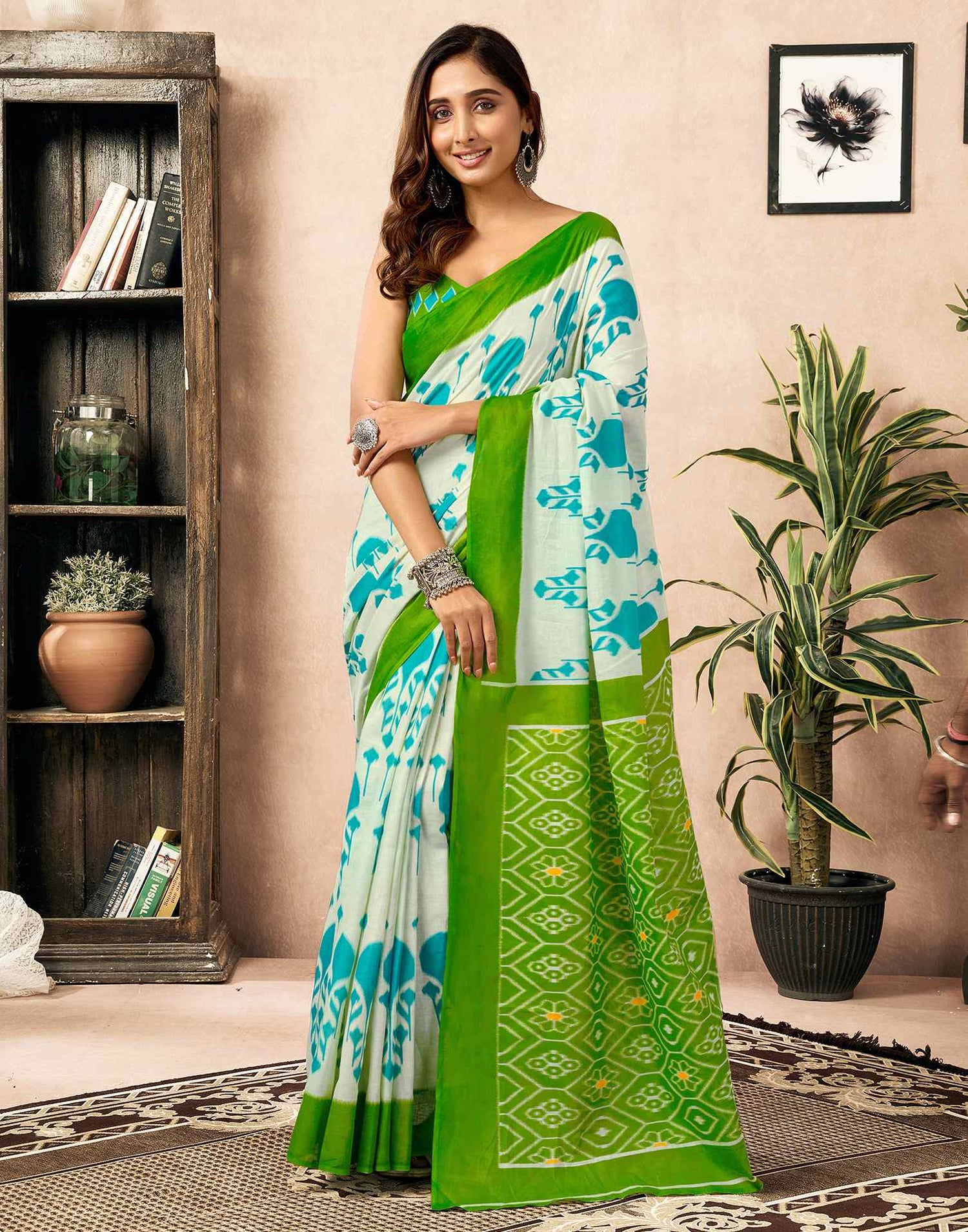 Ready To Wear Off White Cotton Printed Saree With Pocket