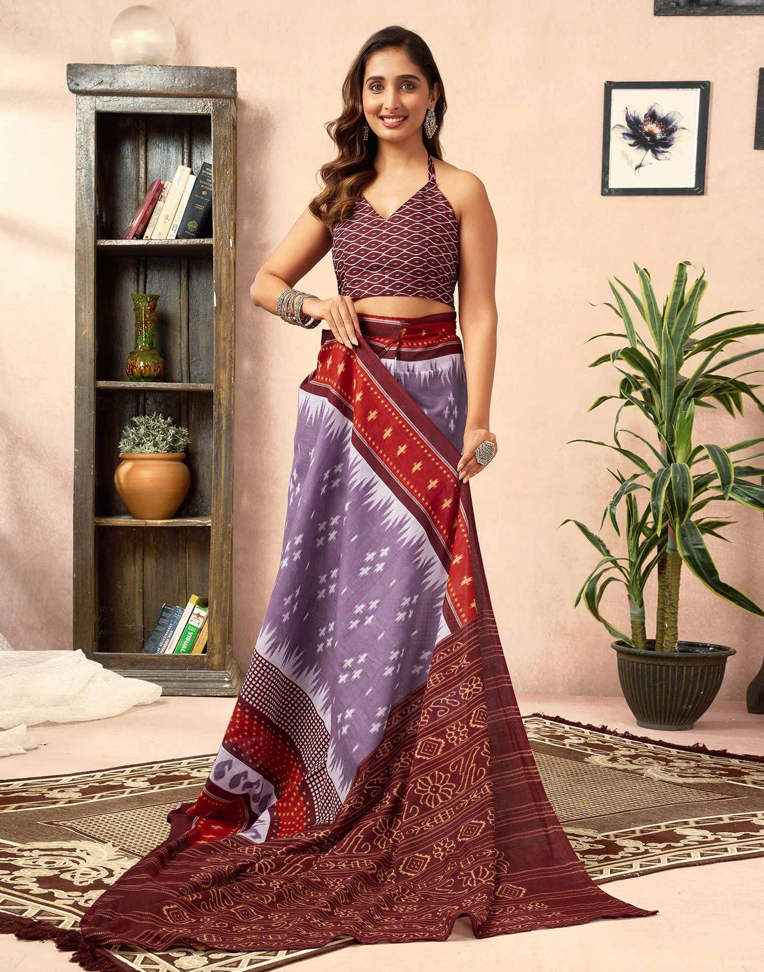 Ready To Wear Dusty Lavender Cotton Printed Saree
