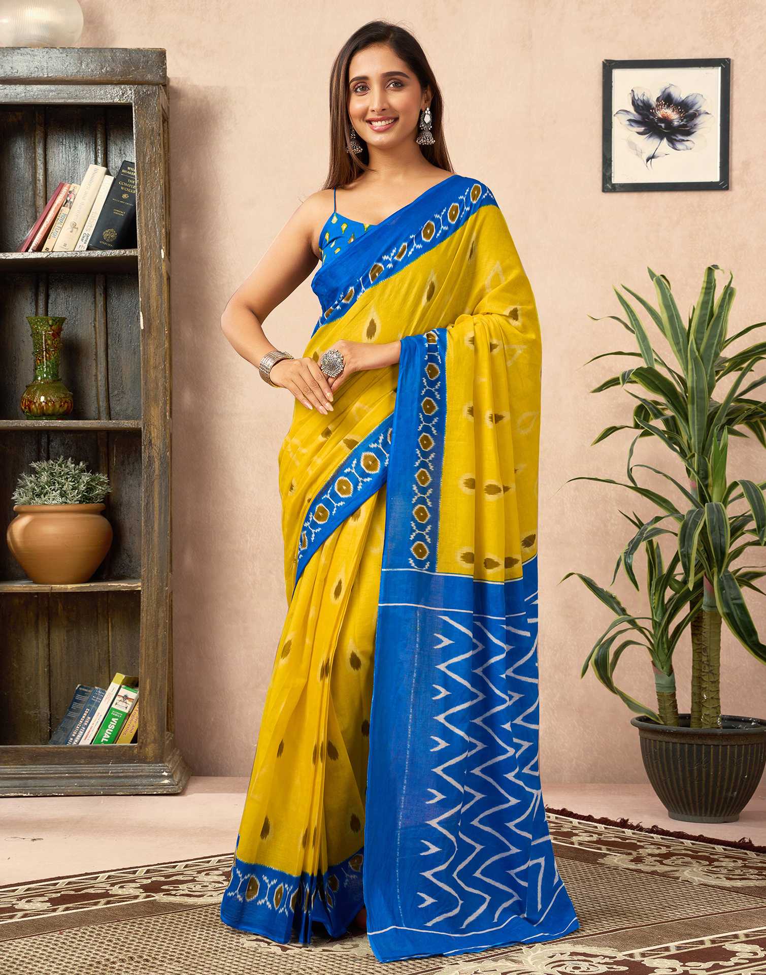 Ready To Wear Yellow Cotton Printed Saree With Pocket
