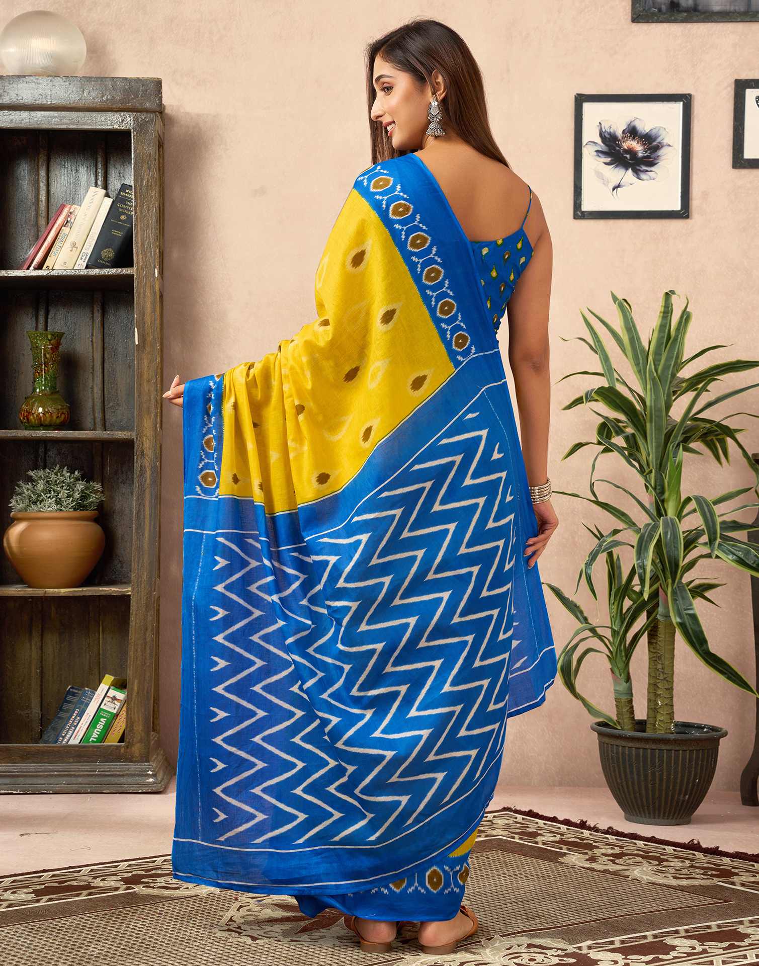 Ready To Wear Yellow Cotton Printed Saree With Pocket