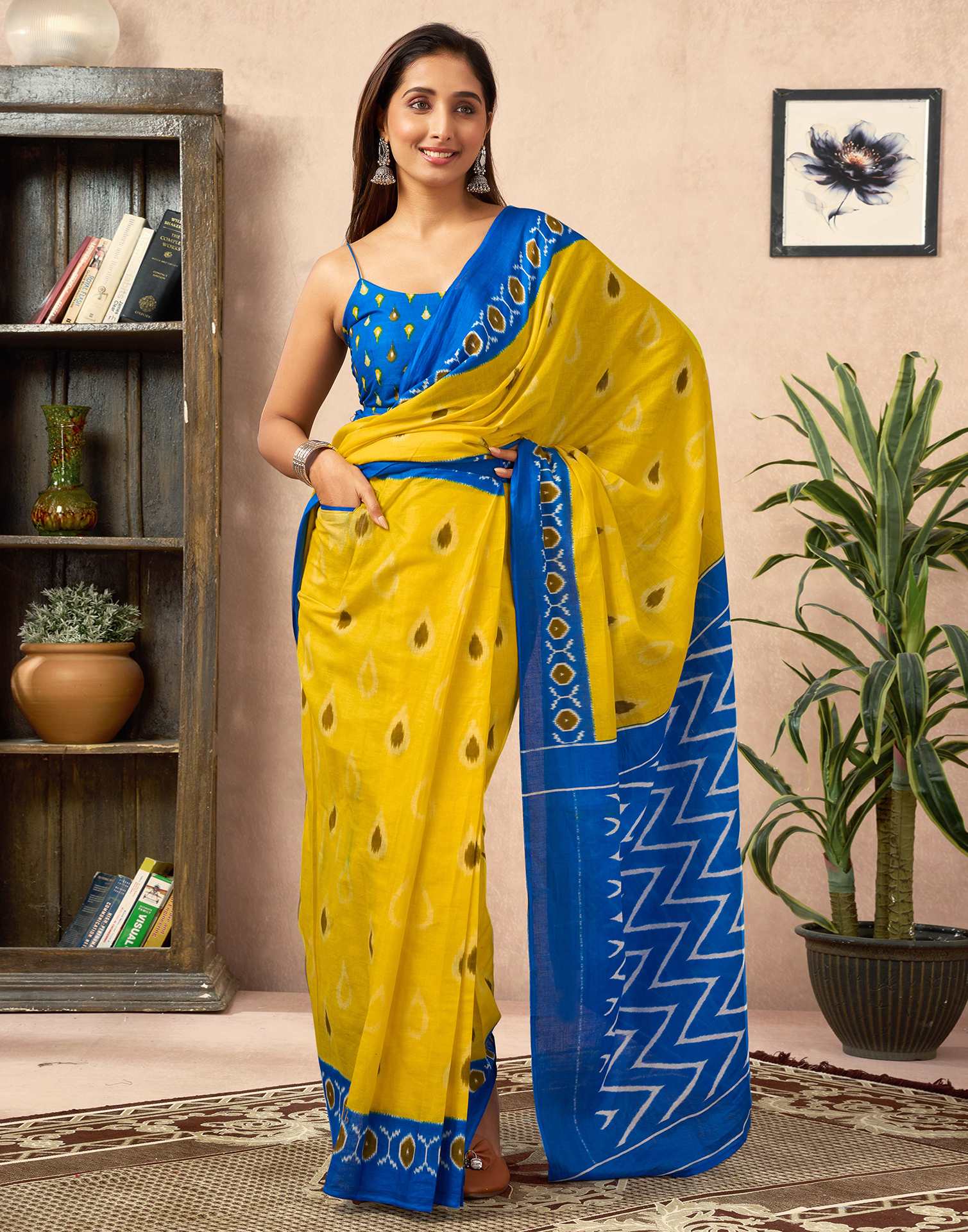 Ready To Wear Yellow Cotton Printed Saree With Pocket