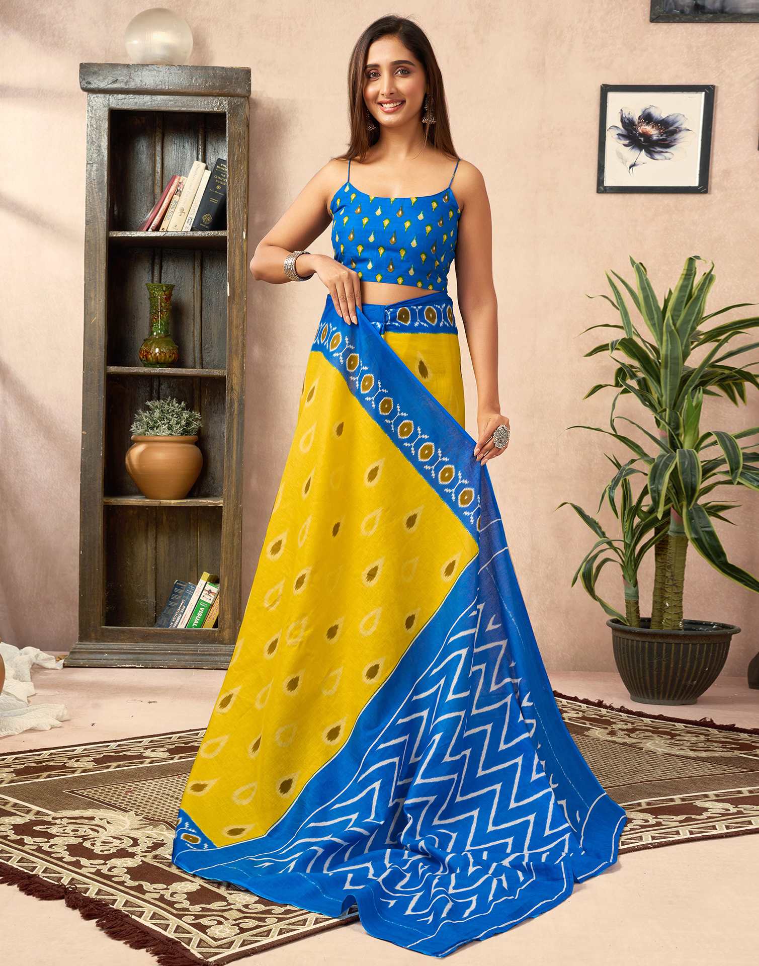 Ready To Wear Yellow Cotton Printed Saree With Pocket