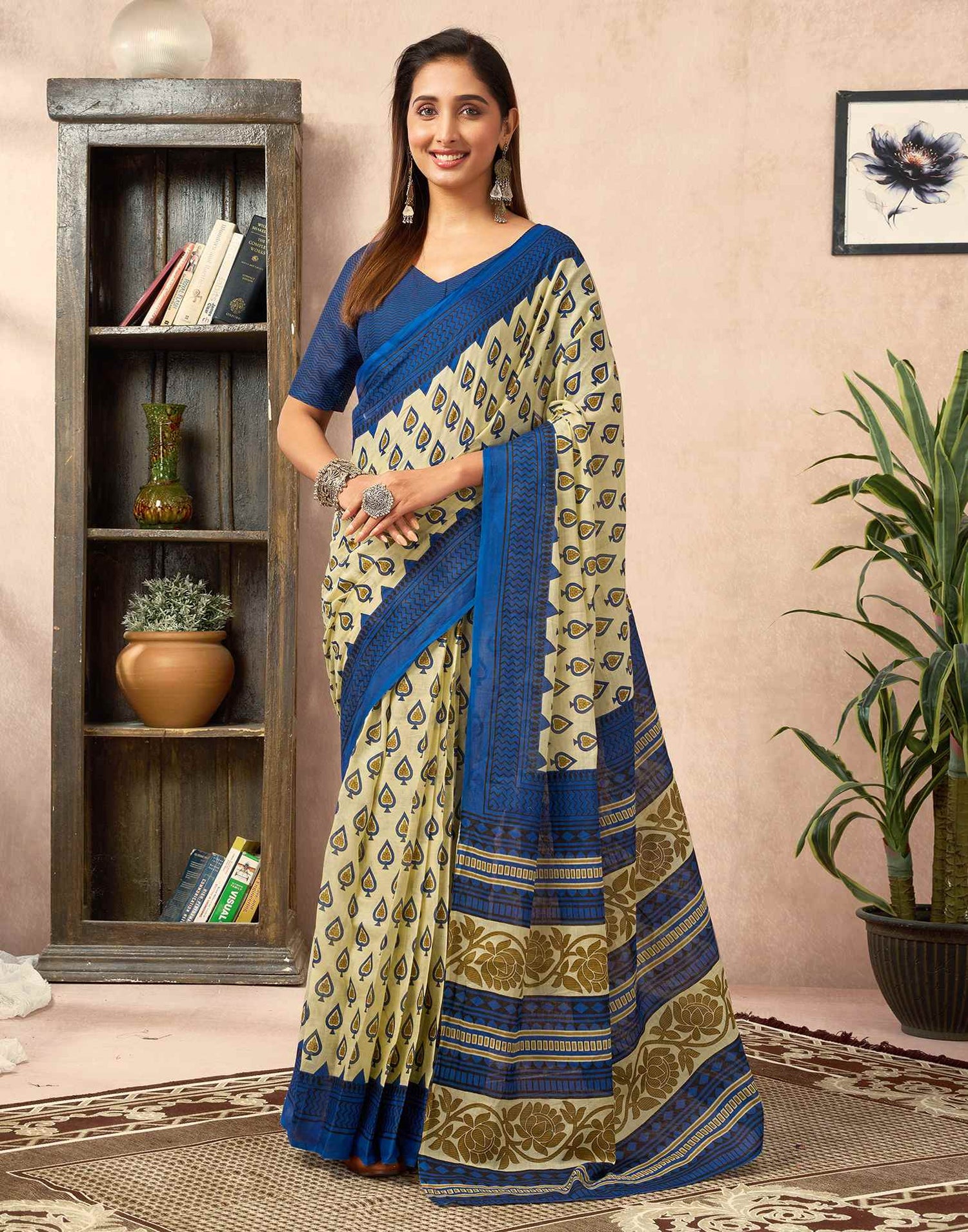 Ready To Wear Cream Cotton Printed Saree