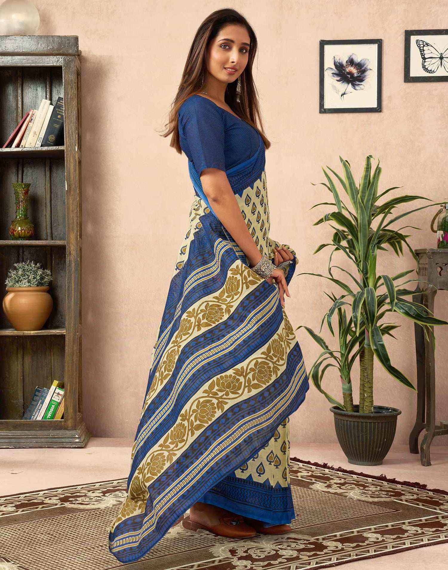 Ready To Wear Cream Cotton Printed Saree