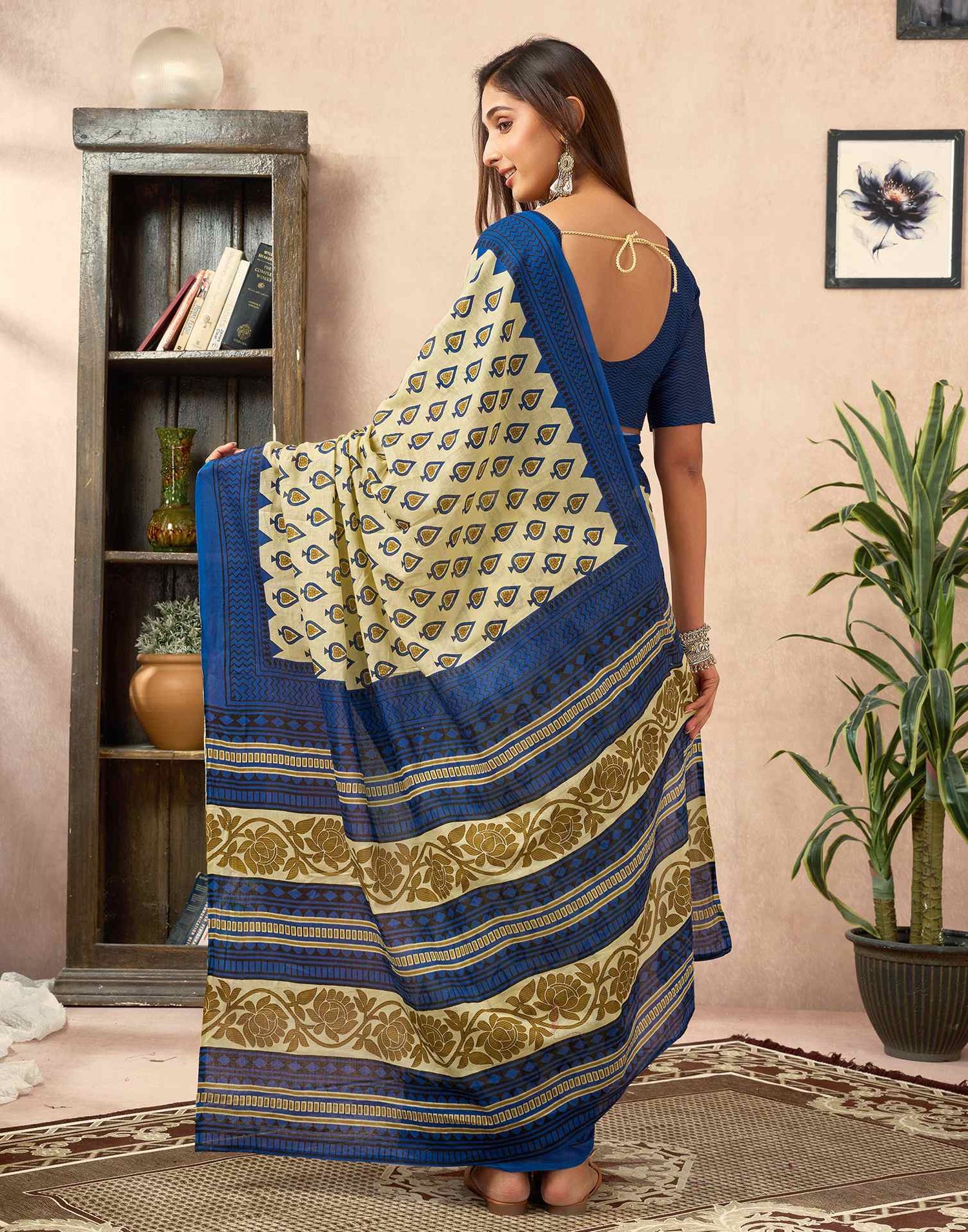 Ready To Wear Cream Cotton Printed Saree