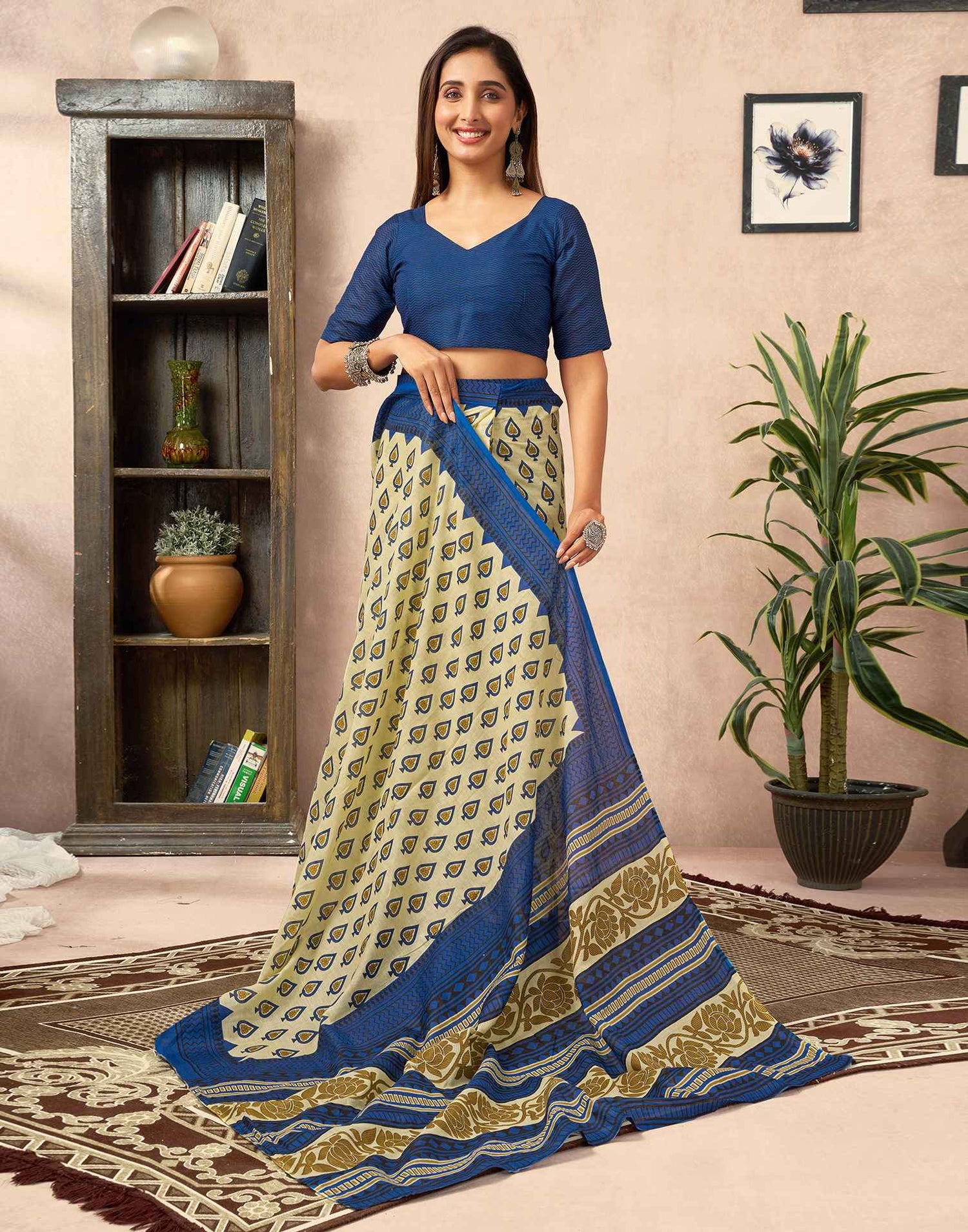 Ready To Wear Cream Cotton Printed Saree