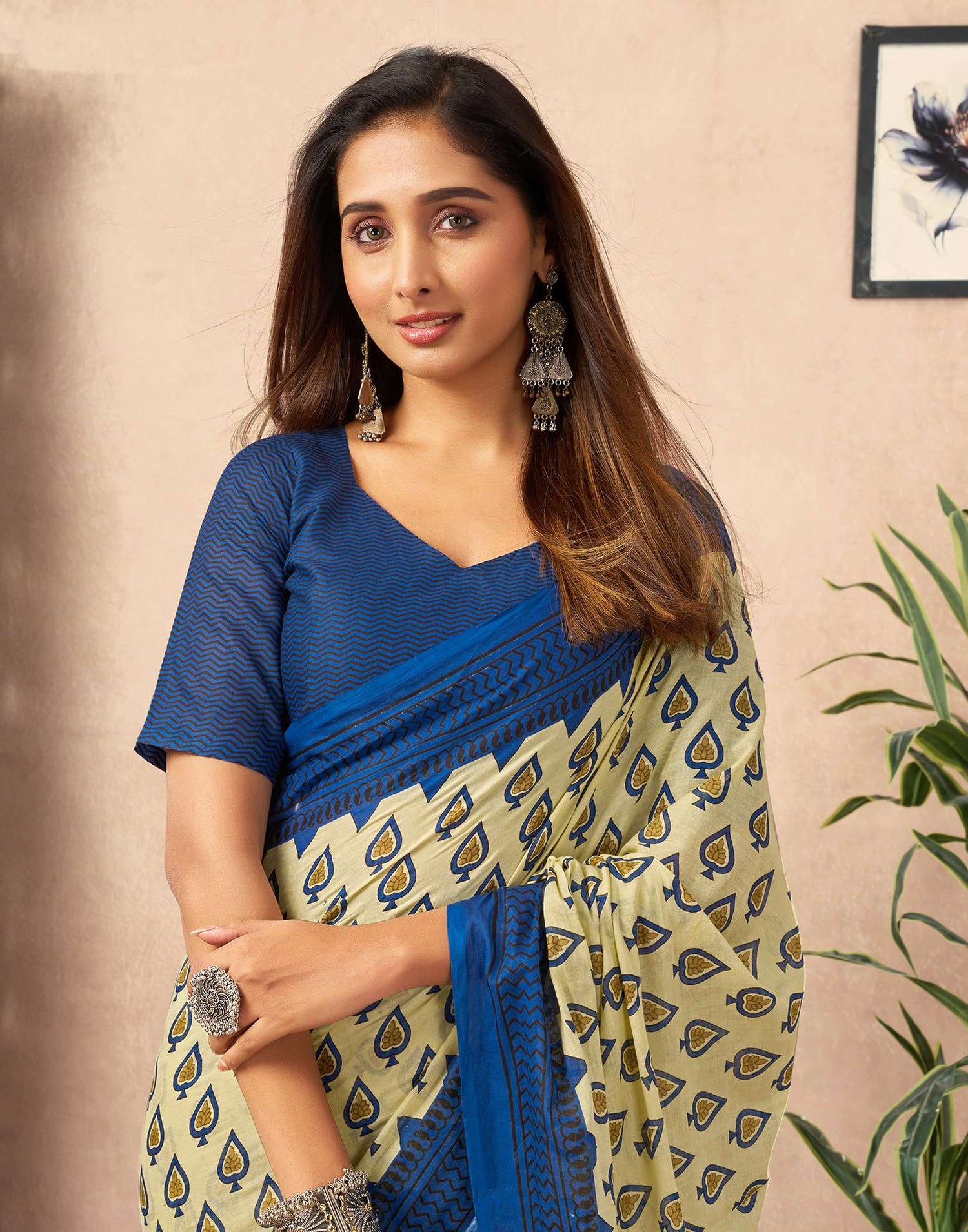 Ready To Wear Cream Cotton Printed Saree