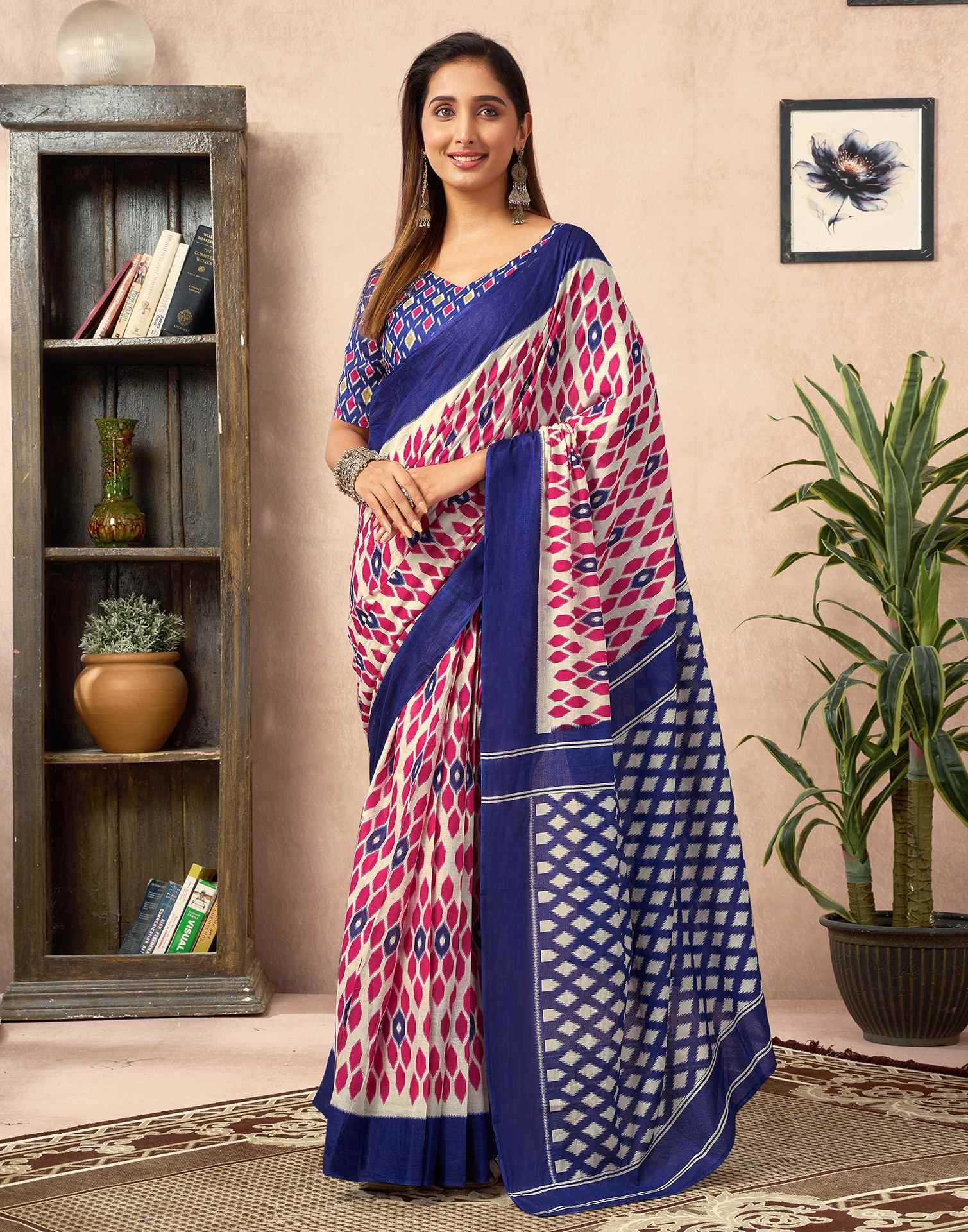 Ready To Wear Beige Cotton Printed Saree With Pocket