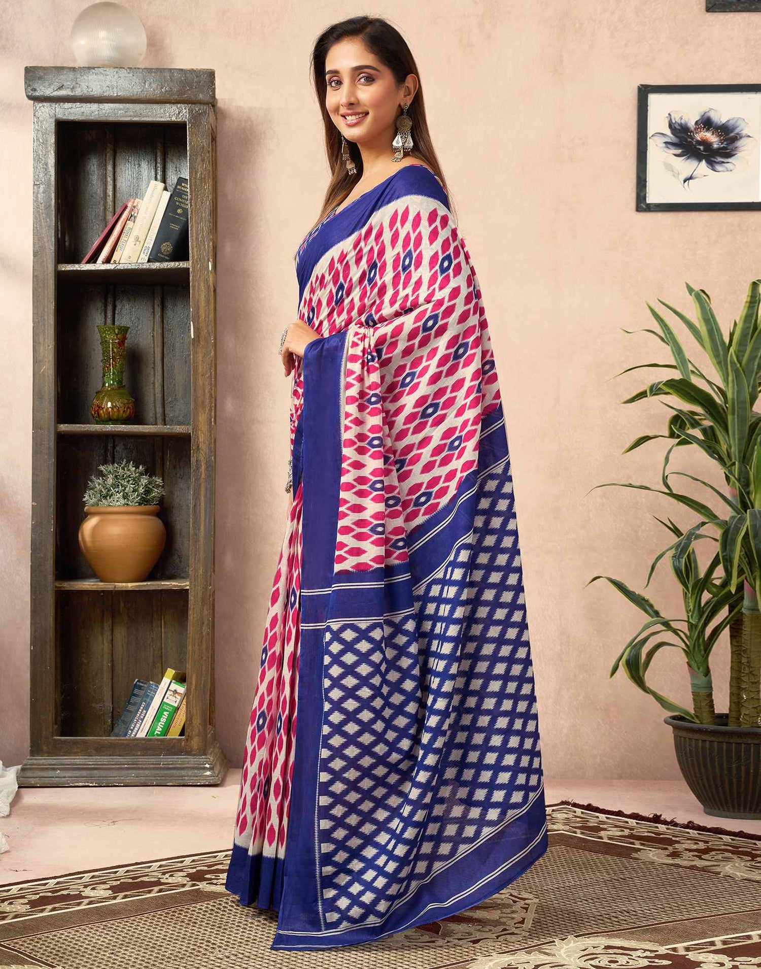 Ready To Wear Beige Cotton Printed Saree With Pocket