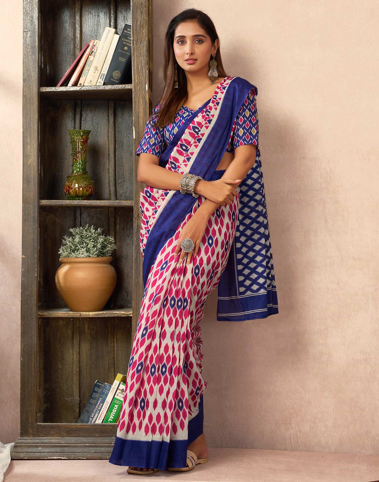 Ready To Wear Beige Cotton Printed Saree With Pocket