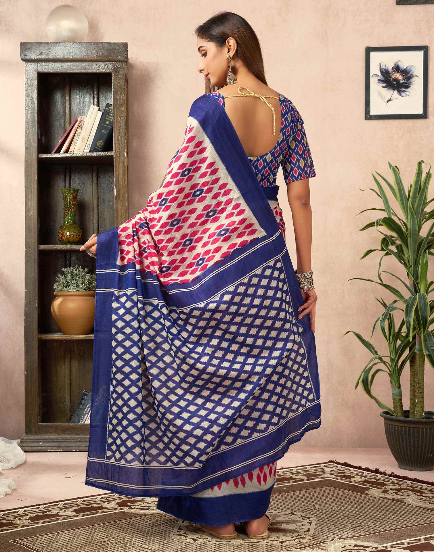 Ready To Wear Beige Cotton Printed Saree With Pocket