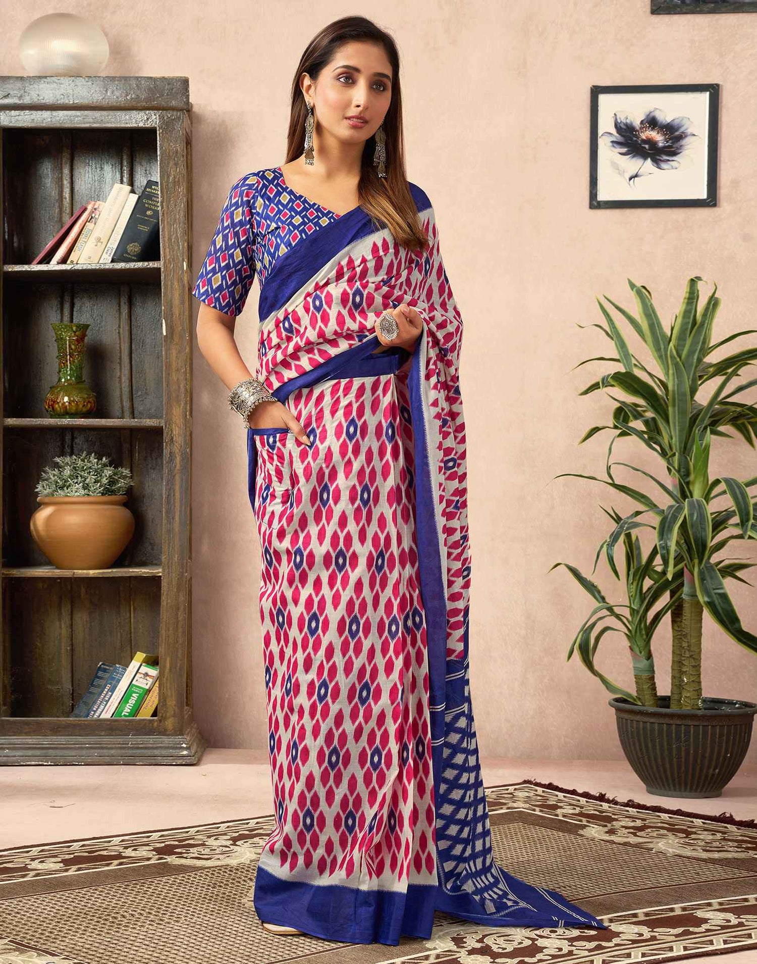 Ready To Wear Beige Cotton Printed Saree With Pocket