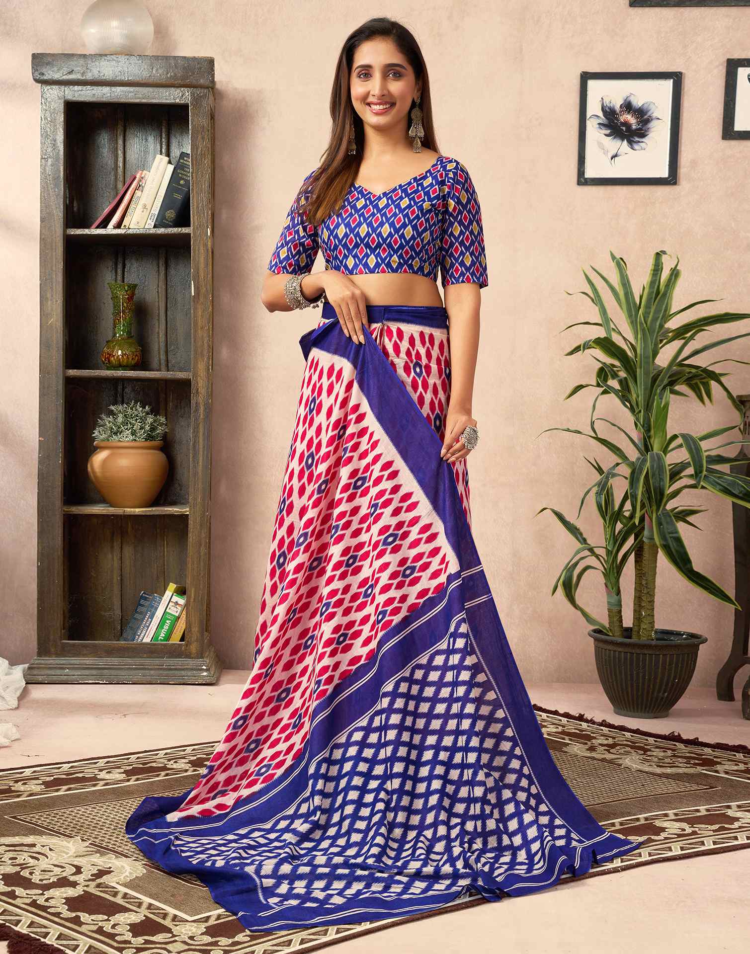 Ready To Wear Beige Cotton Printed Saree With Pocket