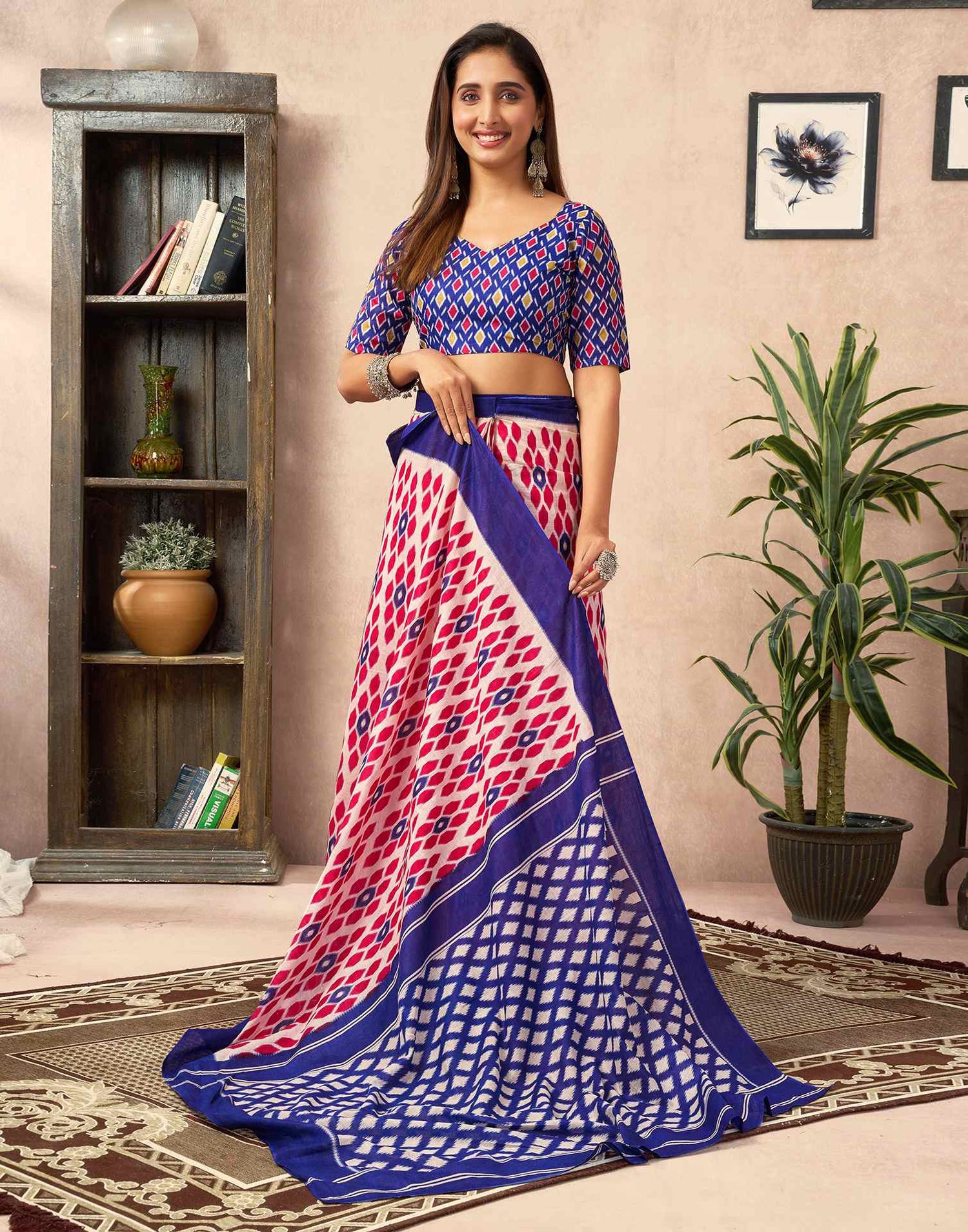 Ready To Wear Beige Cotton Printed Saree With Pocket