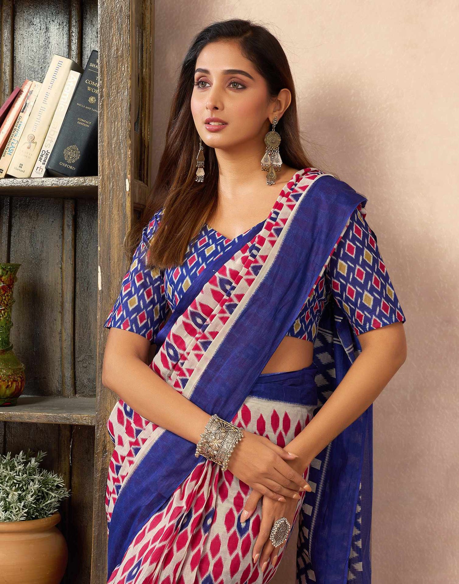 Ready To Wear Beige Cotton Printed Saree With Pocket