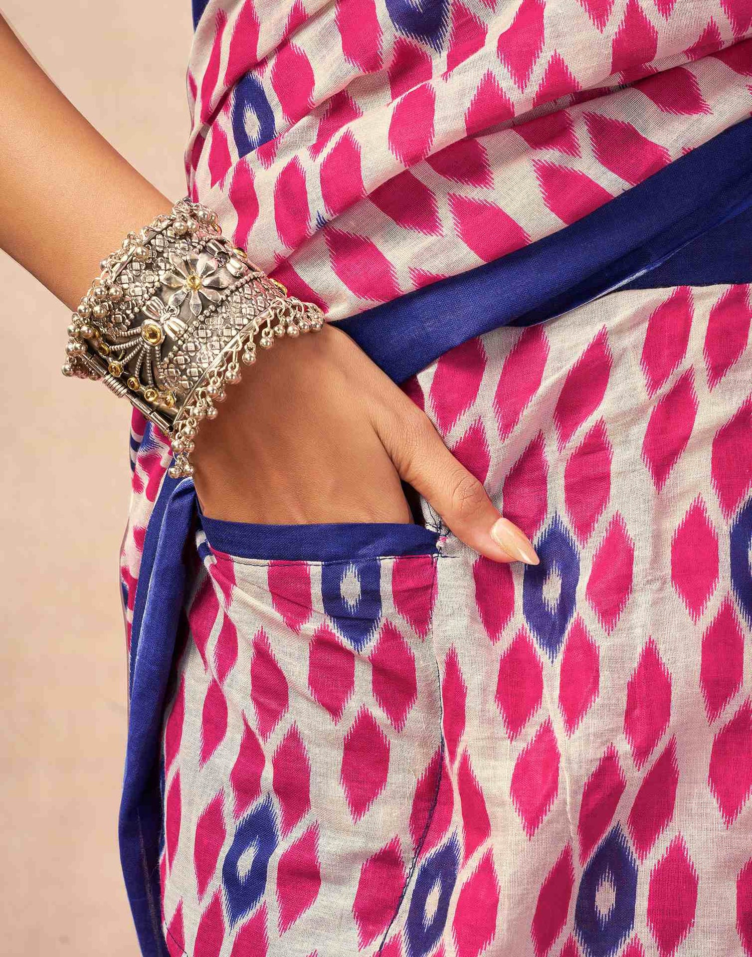 Ready To Wear Beige Cotton Printed Saree With Pocket