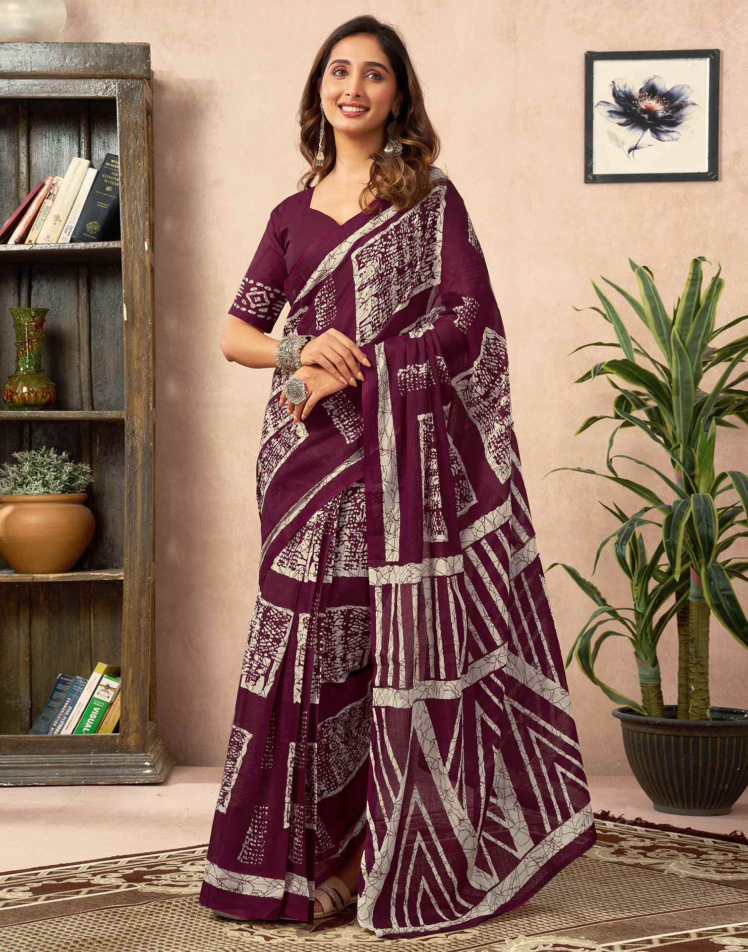 Ready To Wear Wine Cotton Printed Saree With Pocket