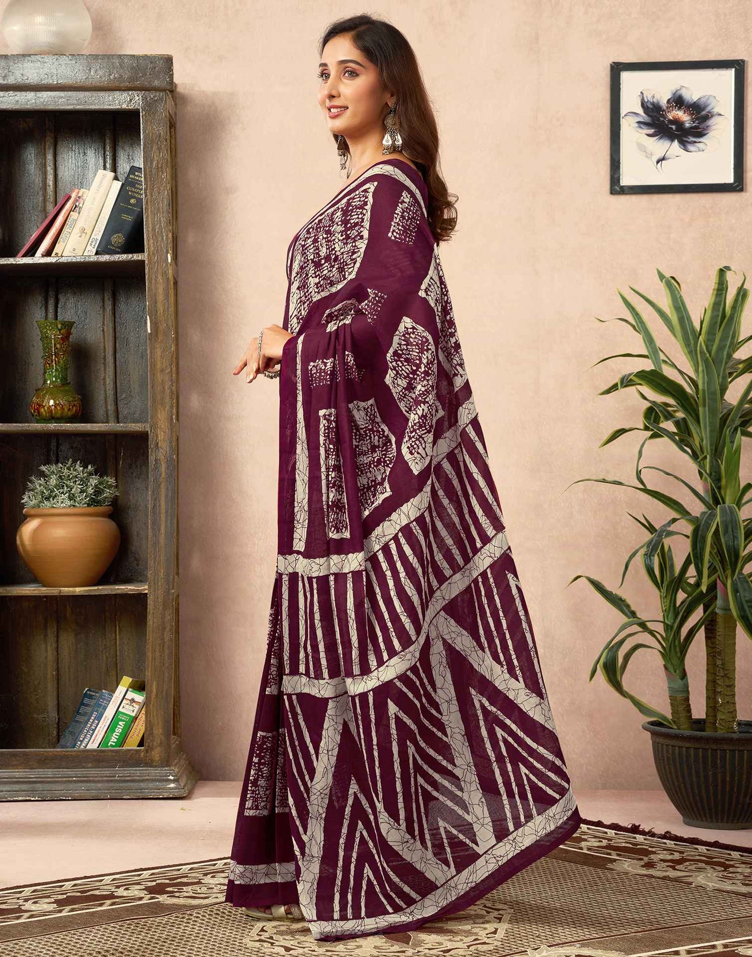 Ready To Wear Wine Cotton Printed Saree With Pocket