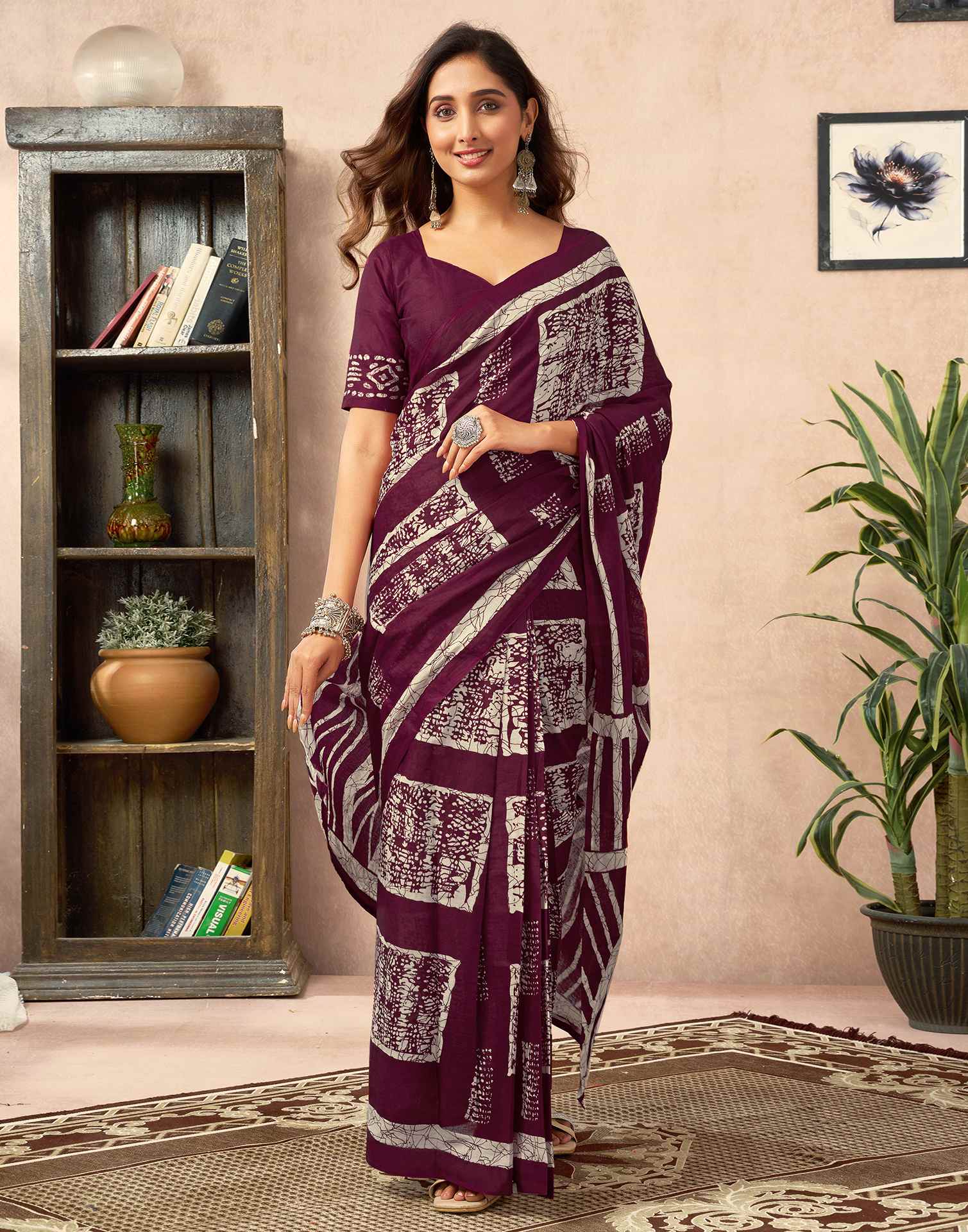 Ready To Wear Wine Cotton Printed Saree With Pocket