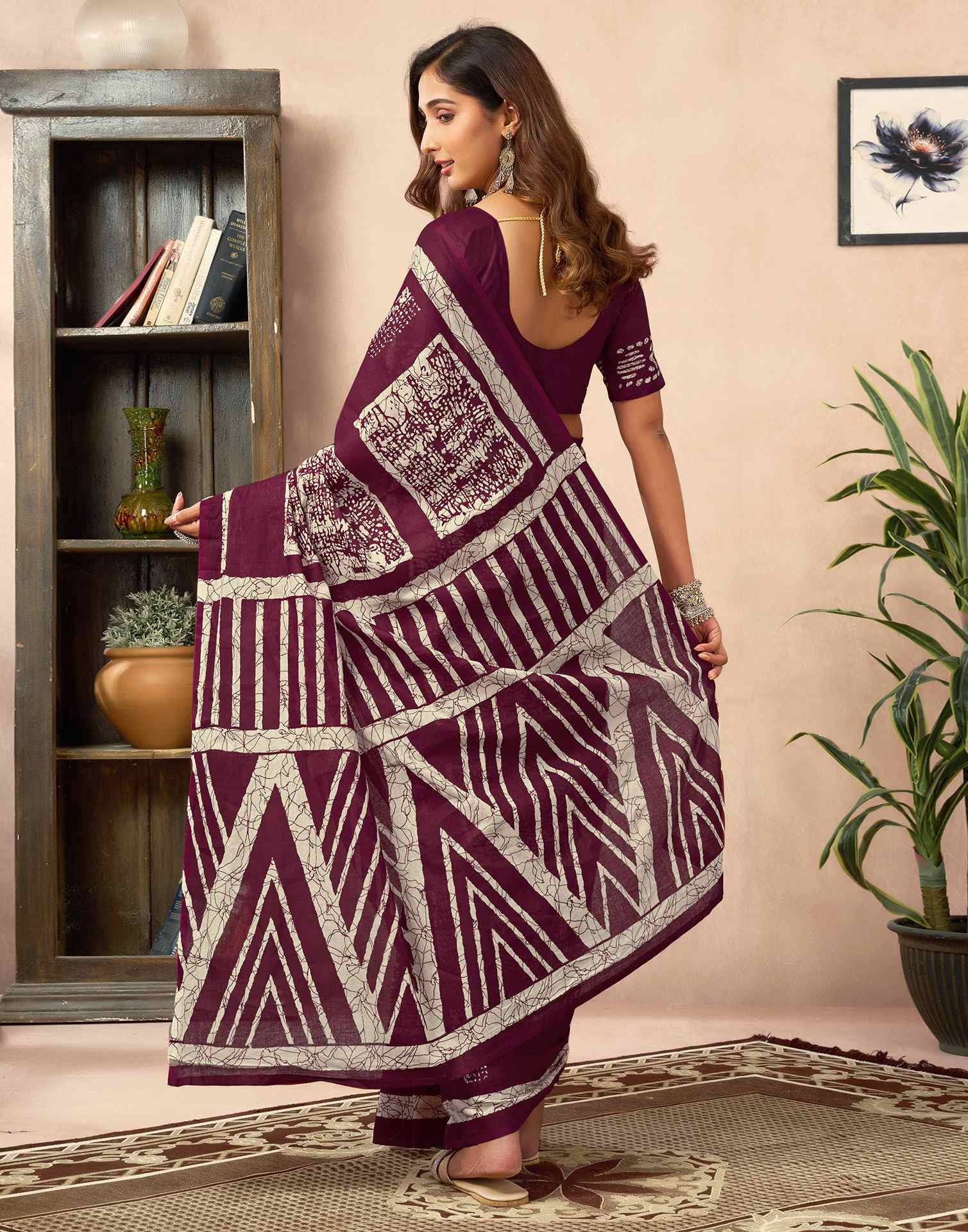 Ready To Wear Wine Cotton Printed Saree With Pocket