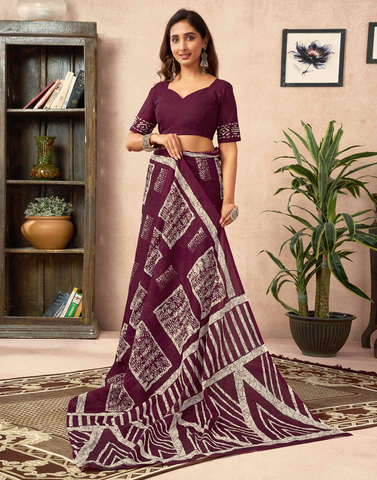 Ready To Wear Wine Cotton Printed Saree With Pocket