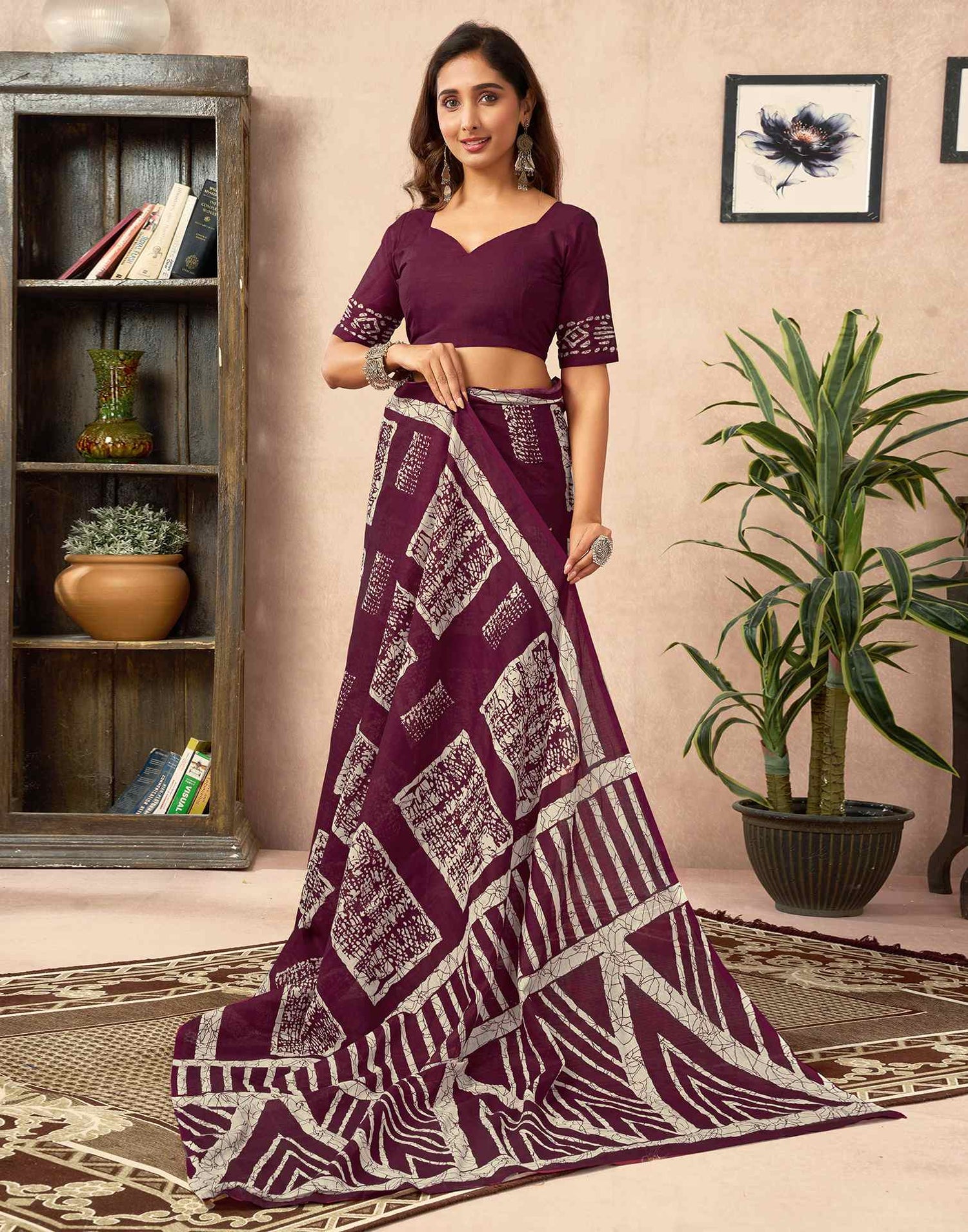 Ready To Wear Wine Cotton Printed Saree With Pocket