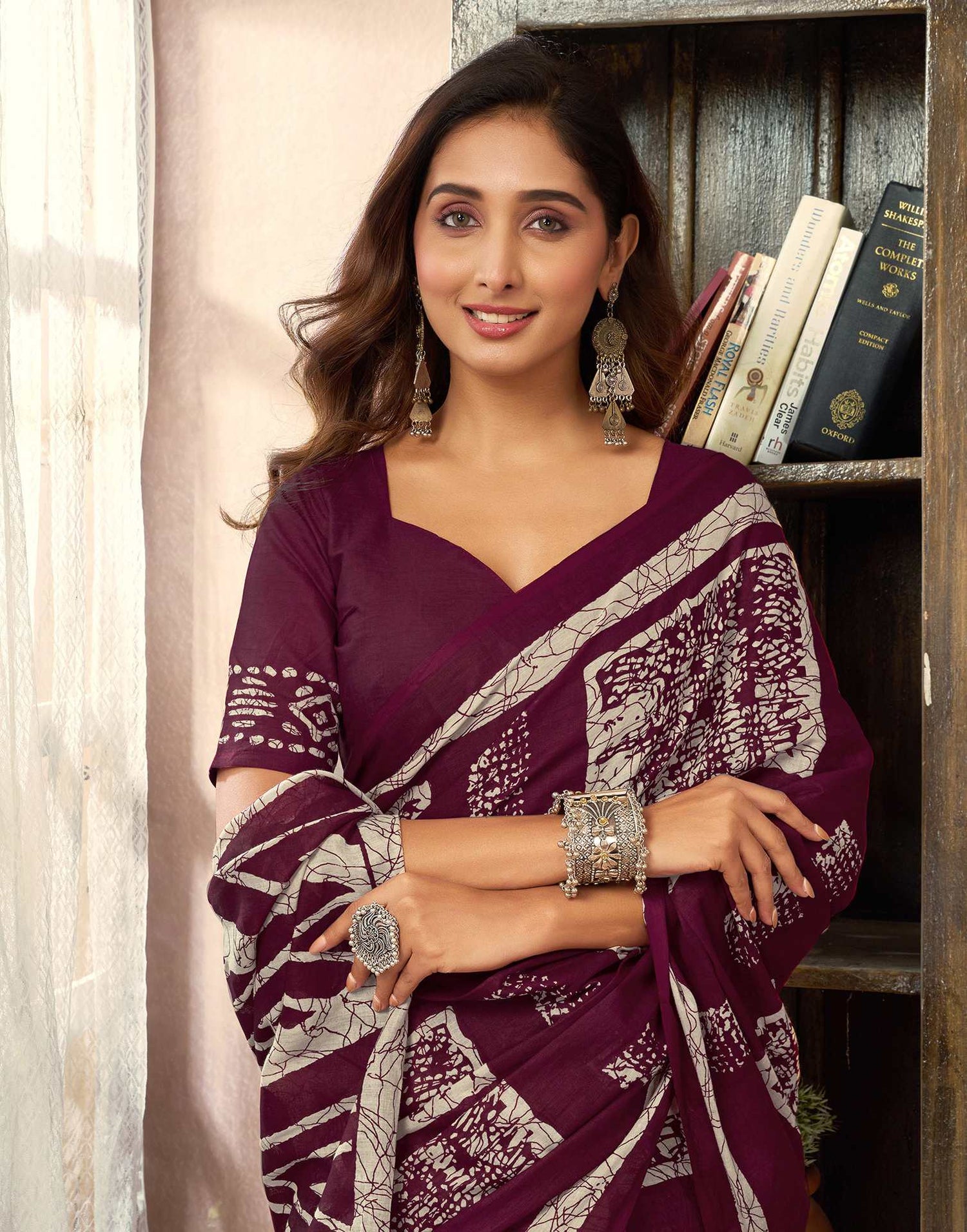 Ready To Wear Wine Cotton Printed Saree With Pocket