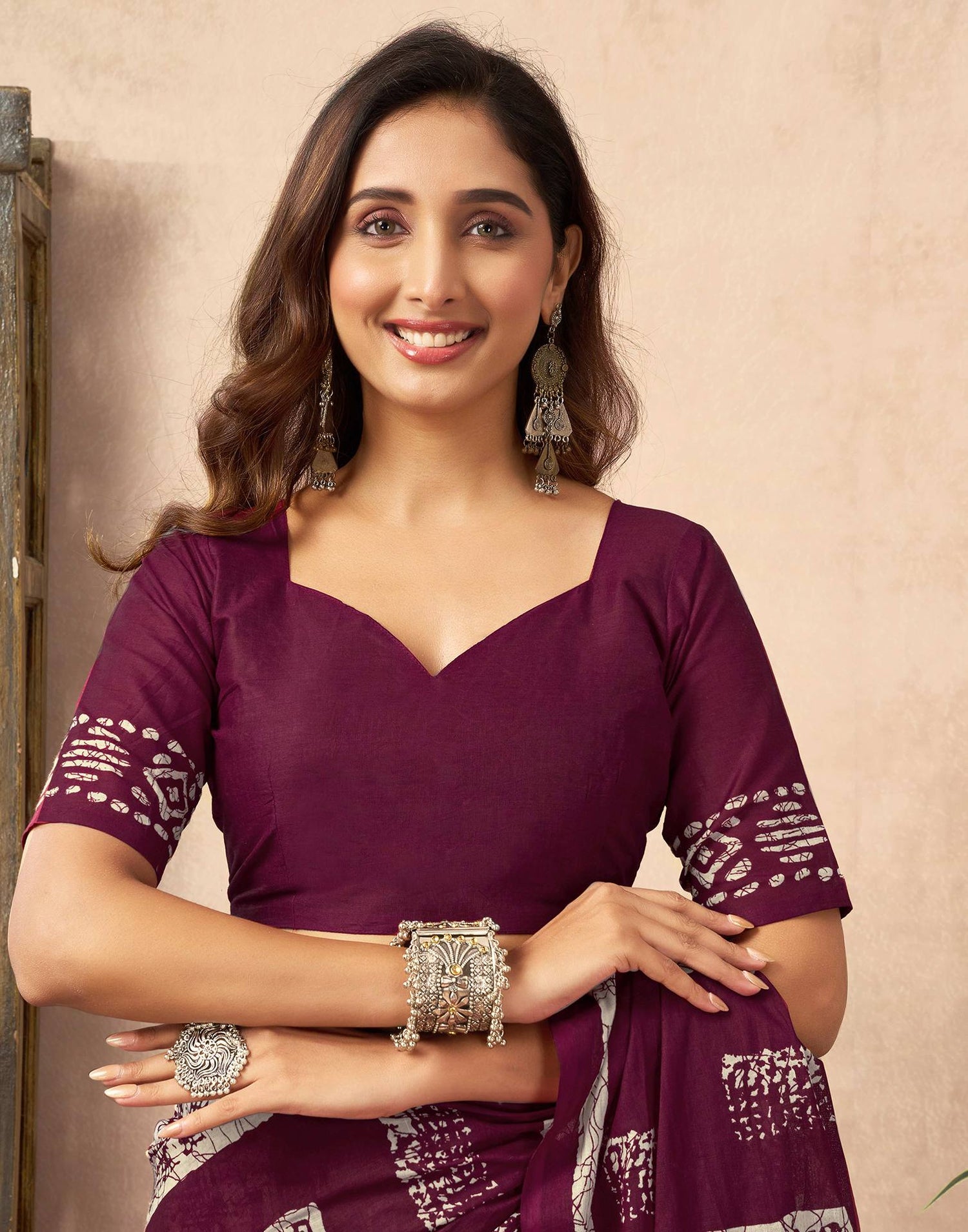 Ready To Wear Wine Cotton Printed Saree With Pocket